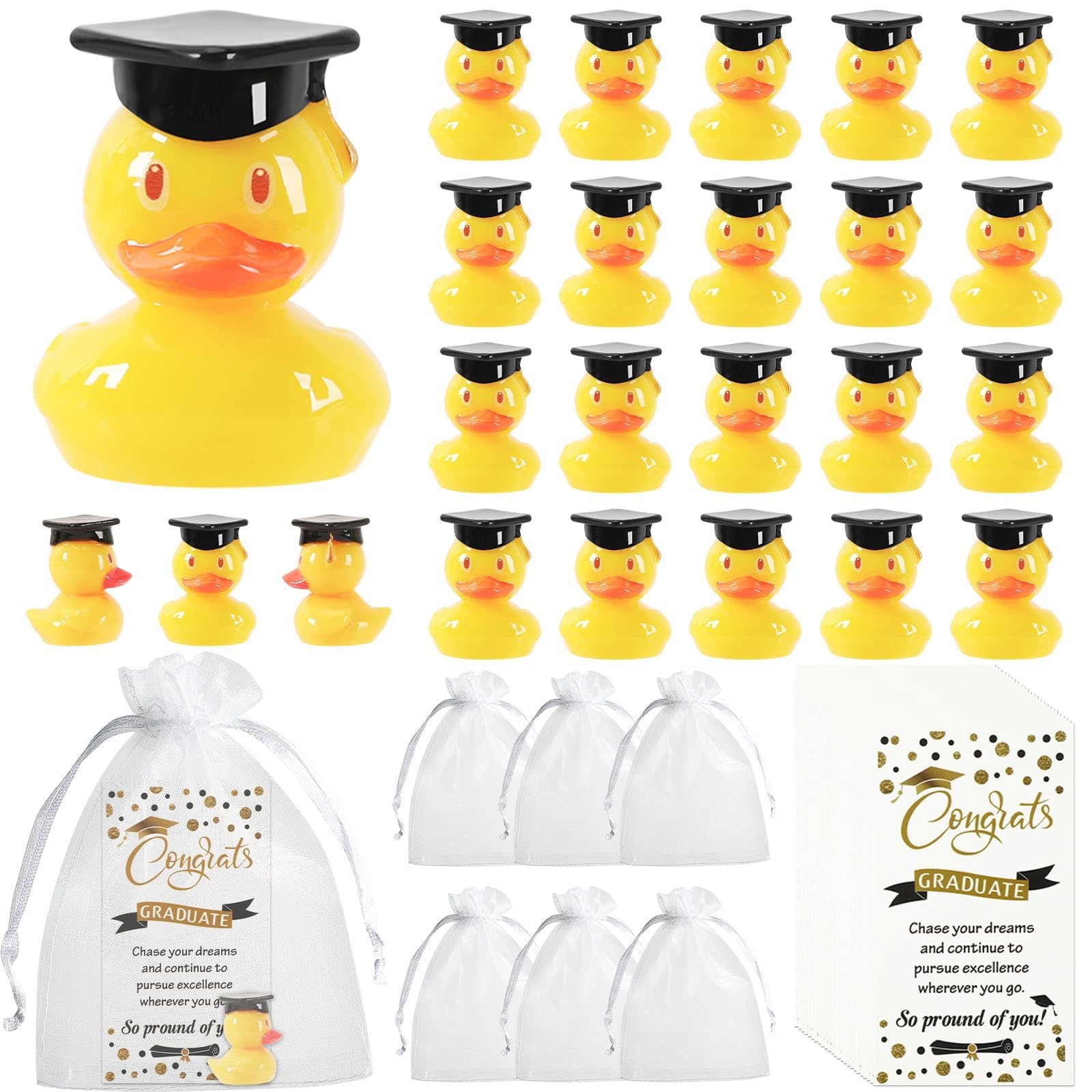 DTOFOOT 20 Pcs Grad Resin Duck with Cards Organza Bags Mini Grad Ducky Favor Graduation Ducks Gifts with Graduation Cap and Certificate Pool Bath (20