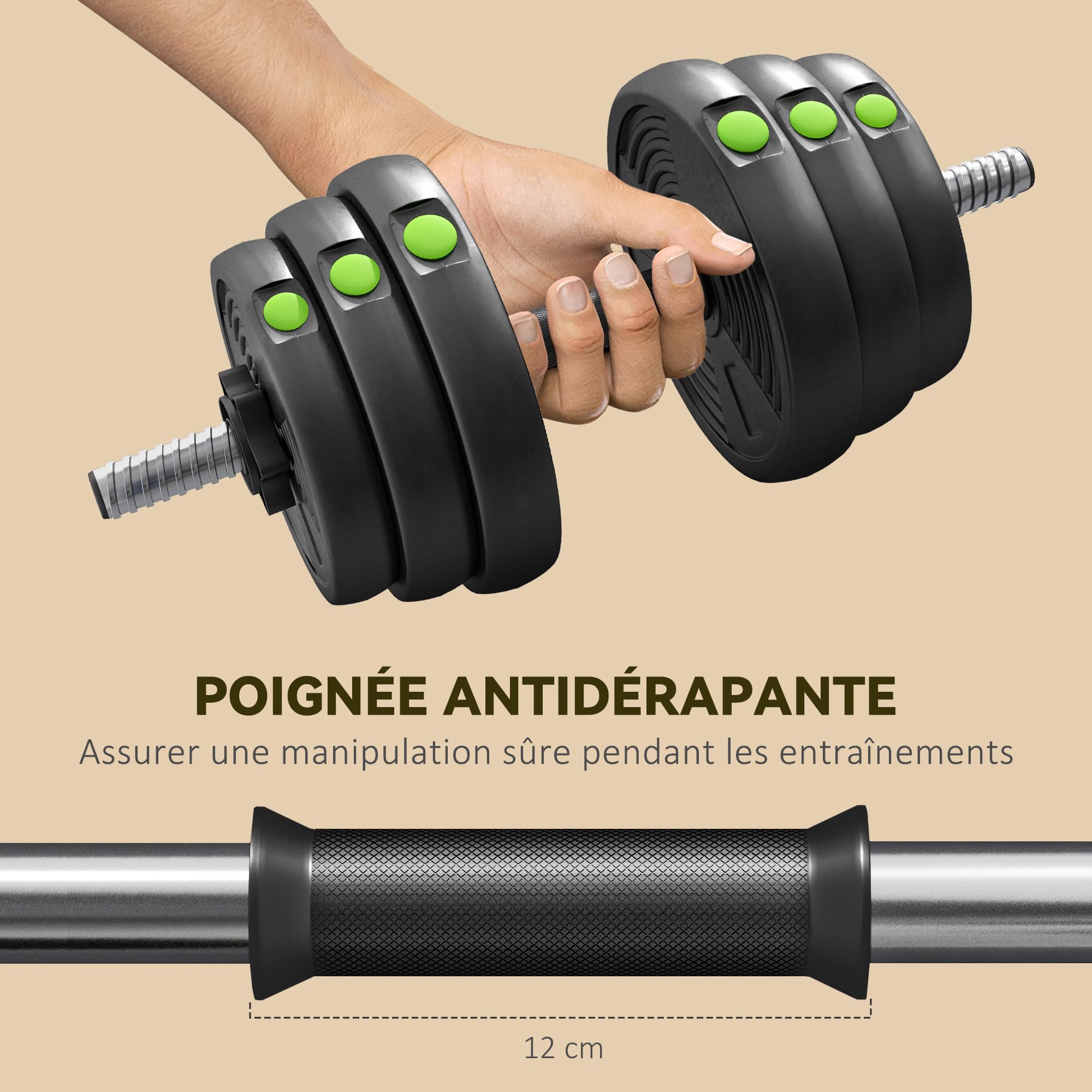 SPORTNOW Haltères 2 en 1 réglables, haltères libres avec poignées antidérapantes, 20/25/30 KG - Barres incluses - entraînement Musculaire & haltérophilie noir et vert