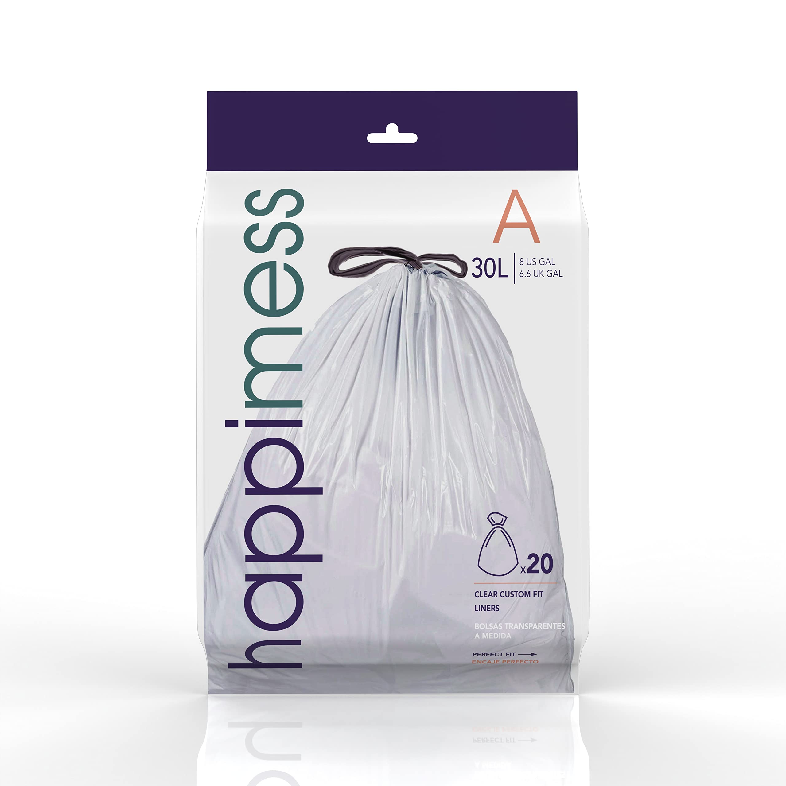 happimess Bolsas de basura con cordón de 8 galones, sin perfume, transparentes, resistentes de LDPE para cocina y hogar, ajuste personalizado, 100 unidades (5 paquetes de 20 forros) HPM3000A-C-5SET