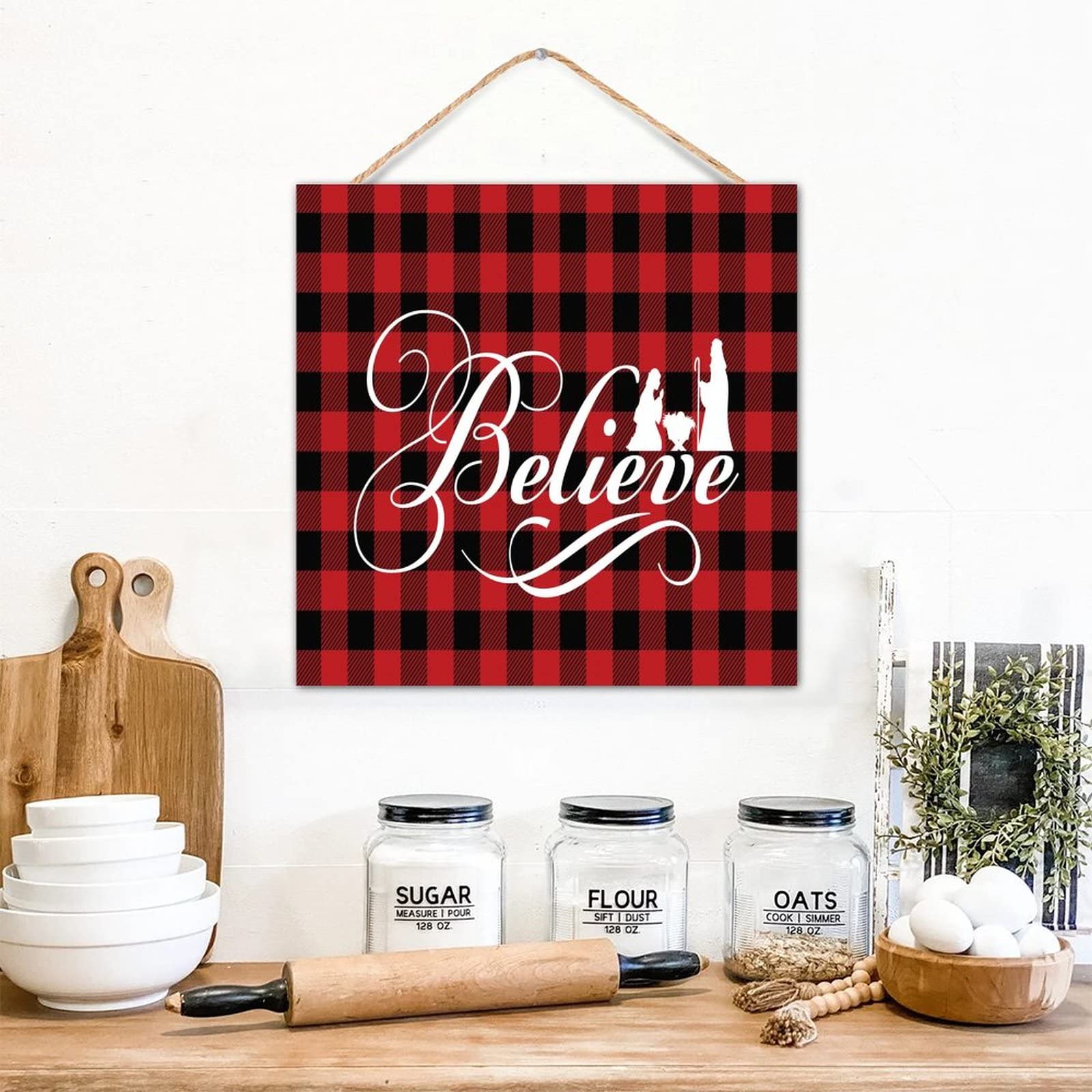 Panneau de cuisine rustique Believe rouge et noir 30x30 cm