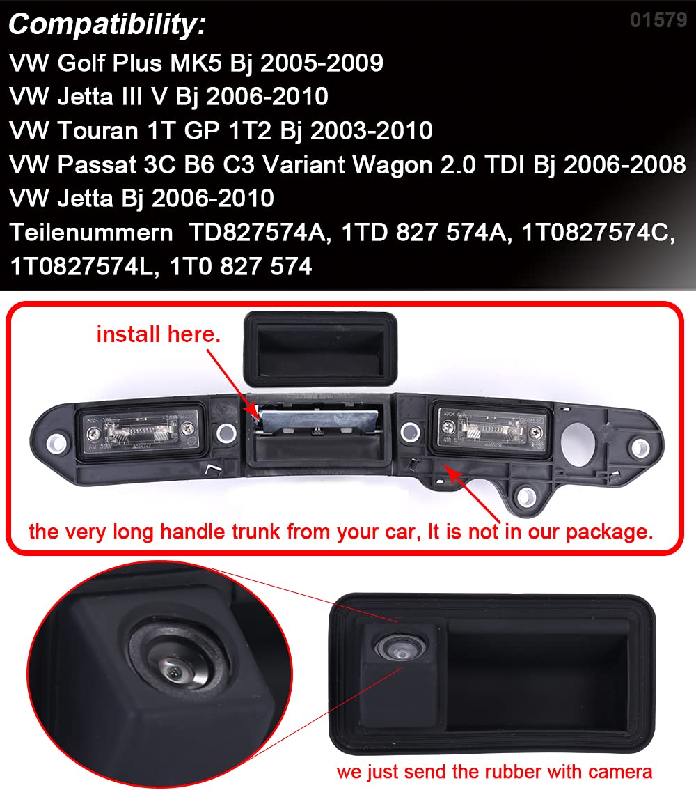 HD Kofferraumgriff Rückfahrkamera Farbkamera Einparkkamera Nachtsicht Rückfahrsystem Einparkhilfe Kompatibel mit V W Golf Plus MK5/Jetta III V/Touran 1TGP 1T2/Passat 3C B6 C3 Variant Wagon (Camera)