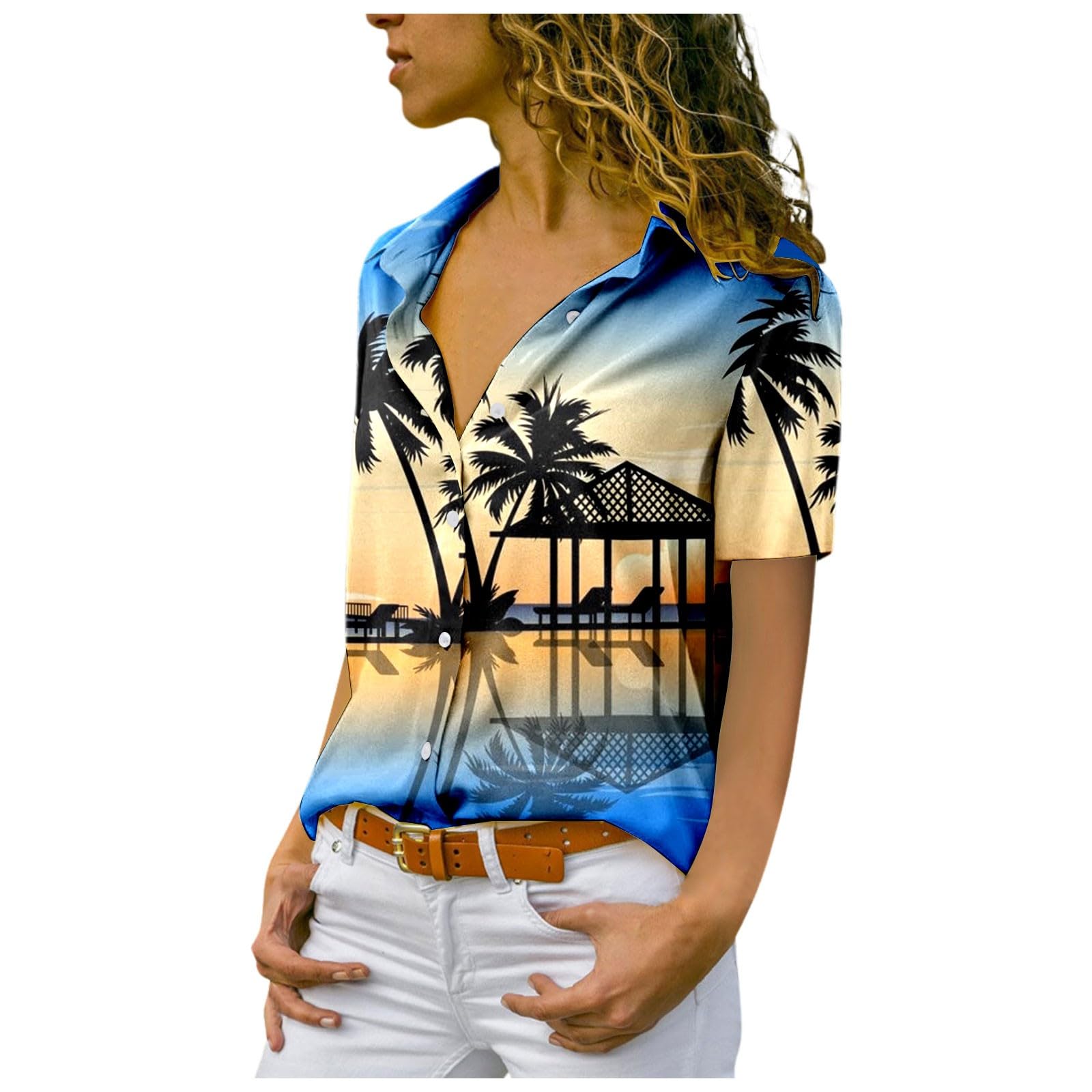 Damen-Hemd, Hawaii-Palme, tropische Karibik, Strand, Sommer, Hemd, Outfits, Knopfleiste, kurzärmelig, Revers, lässig, Golfkleidung, Grafik, Cruise, Bowling-Shirt, trendig, lustiges 80er-Jahre-Shirt
