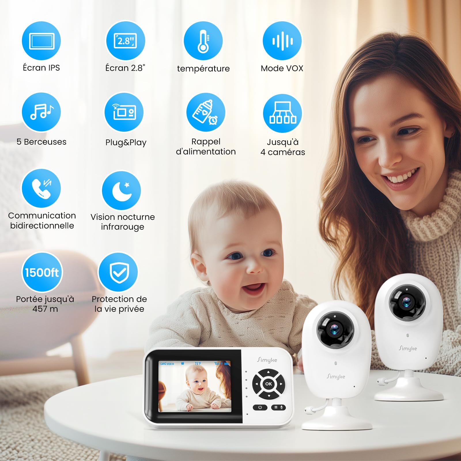Simyke Moniteur Intelligent pour bébé, 2 caméras 1080p, Interrupteur Wi-FI Marche/arrêt, écran de 2,8" ou accès à Distance WiFi, Vision Nocturne, Longue portée de 450 m, Conversation bidirectionnelle