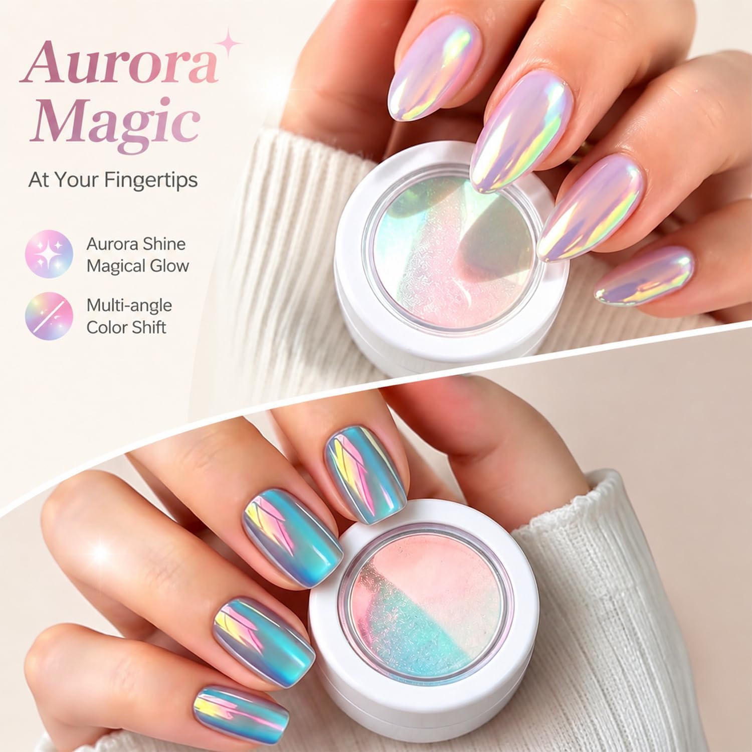 Chrome Nail Powder 3 Jars White and Aurora Pearl