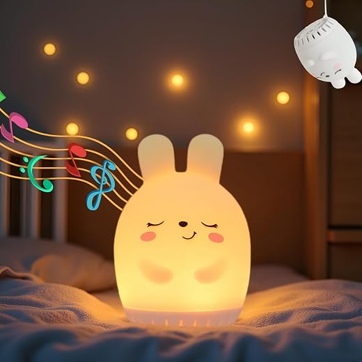 Lumina Notturna per Bambini in Silicone Morbido - Lampada LED con Rumore Bianco e Suoni Rilassanti - Luci notturne per Neonati, Portatile e Ricaricabile - Regalo per Ragazze Ragazzi - Coniglio