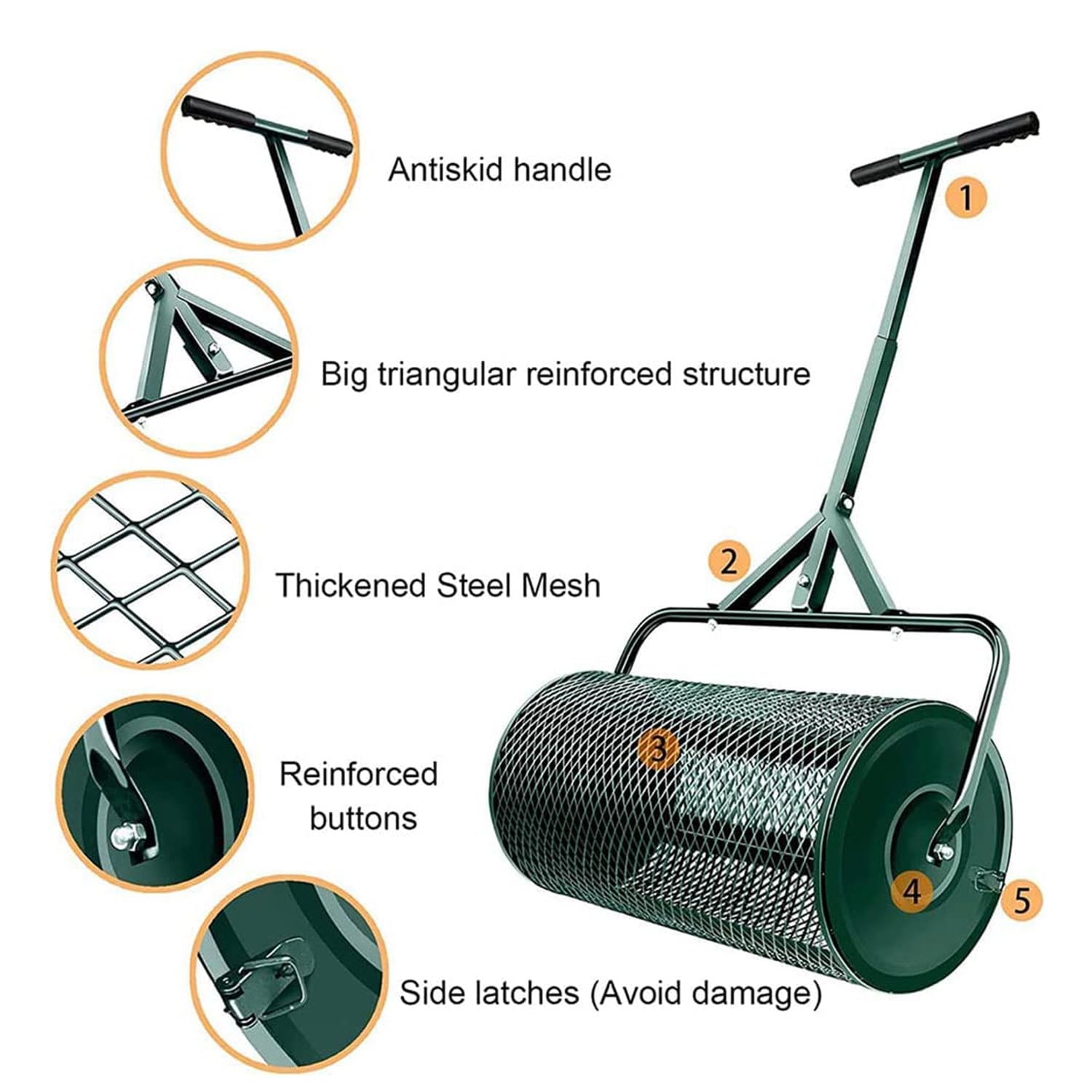 Esparcidor de turba, esparcidor de abono de 24”, esparcidor de turba, esparcidor de abono para césped y jardín con Mango Ajustable en Forma de T para Plantar y sembrar, Verde