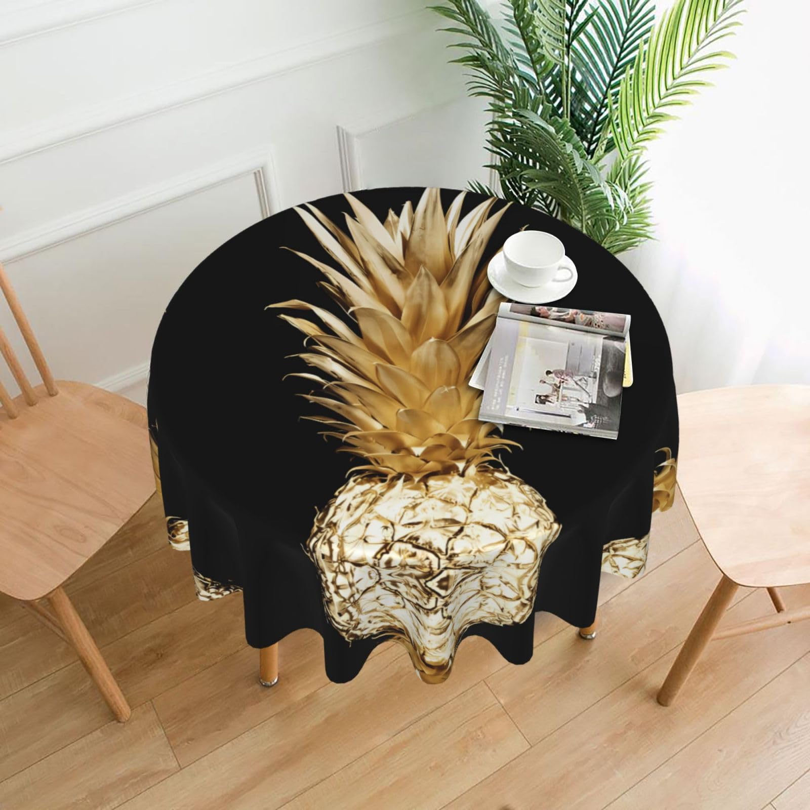 YYHWHJDE Gold Pineapple Prints Round Decorative Tablecloth 60in – Elevate Your Dining Experience with This Stunning Table Throw for Parties & Everyday Use