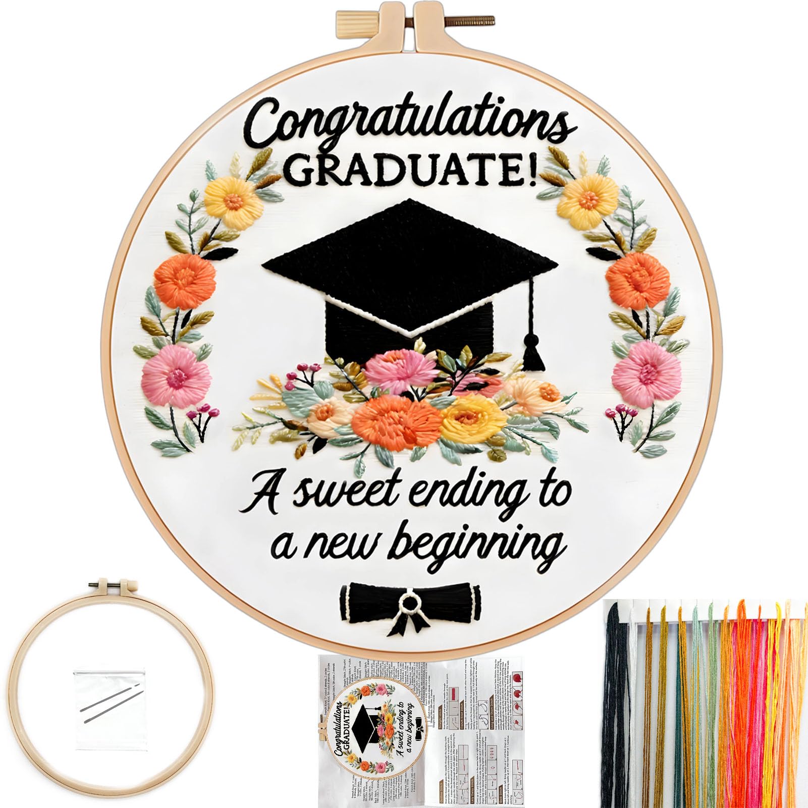 FONNUY Graduation Embroidery Kit, Floral Grad Cap Design Cross Stitch Kits for Beginners, Handmade Crafts with Printed Patterns for Beginner Adults, Color Thread Needlework, 8'' Hoop (Flower)