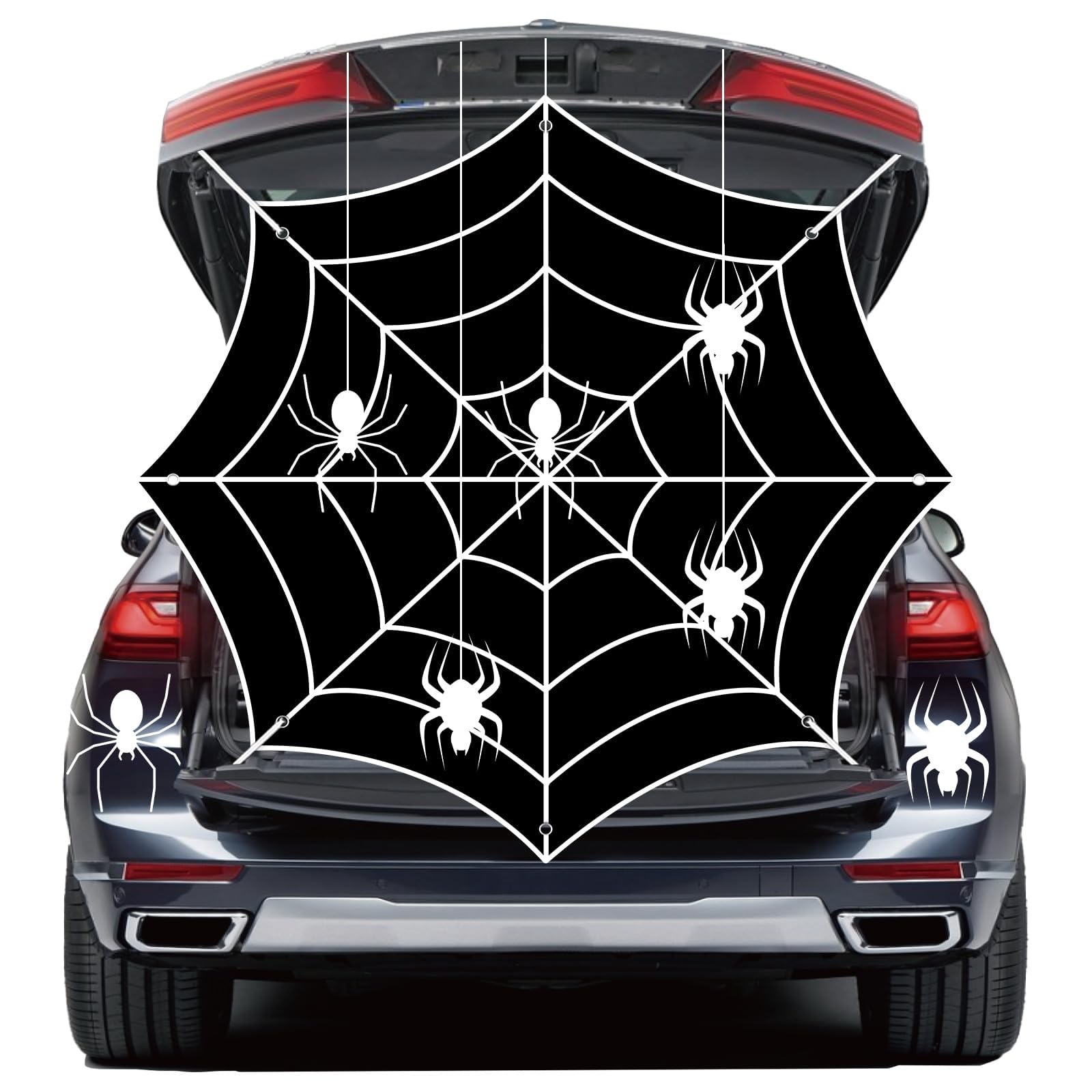 QOUBAI Halloween Trunk or Treat Car Decorations Kit Black Spider Web Car Decoration Backdrop for SUV Spooky Spider Webbing Car Trunk for Halloween
