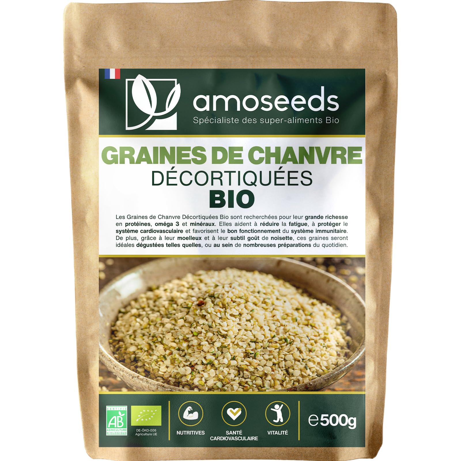 Graines de Chanvre Décortiquées Bio 500G | Origine EU, Protéines végétales, Anti-fatigue | Qualité Supérieure
