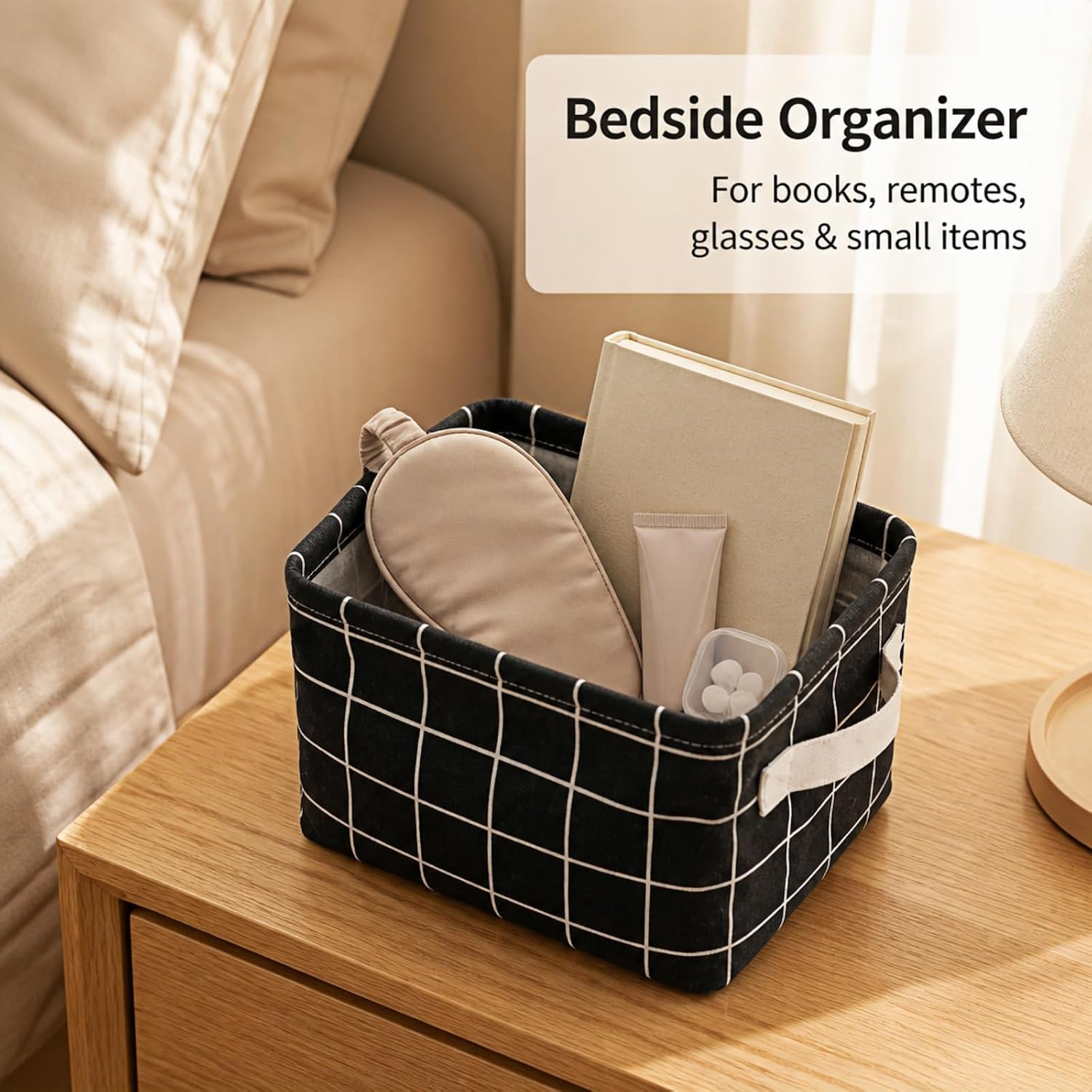 Storage Basket,Cotton Linen Organizer Bin, 7.87x6.3x5.51"(Black Square Print) with Laminated Coating,Nordic Style Decorative Storage for Closet Bedroom, Durable Home Organizer