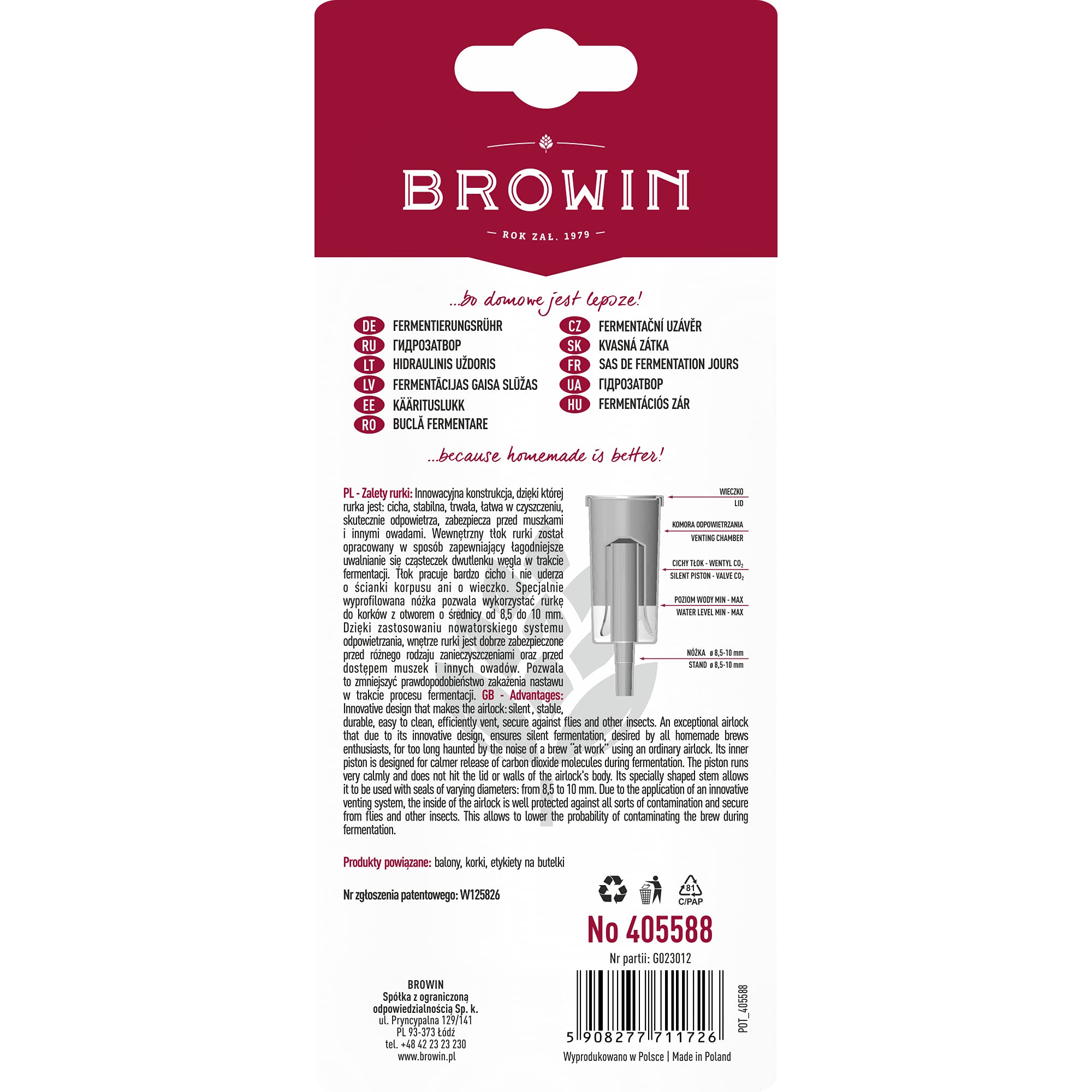 Browin 405588 Fermentador Silencioso De Plástico - Para Vino, Cerveza Y Licor Casero, Diámetro 8.5-10 Mm