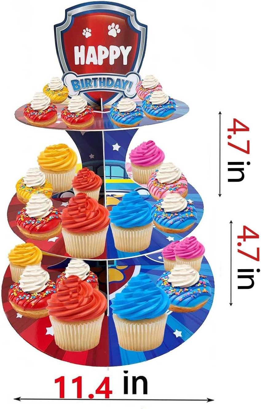 Cartoon Dog Theme Cupcake Stand Kids Birthday Party Decorations Red Blue Pink Yellow 3-Tier Cupcake Toppers Stand Cartoon Dog Party Supplies Cake Table Decoration