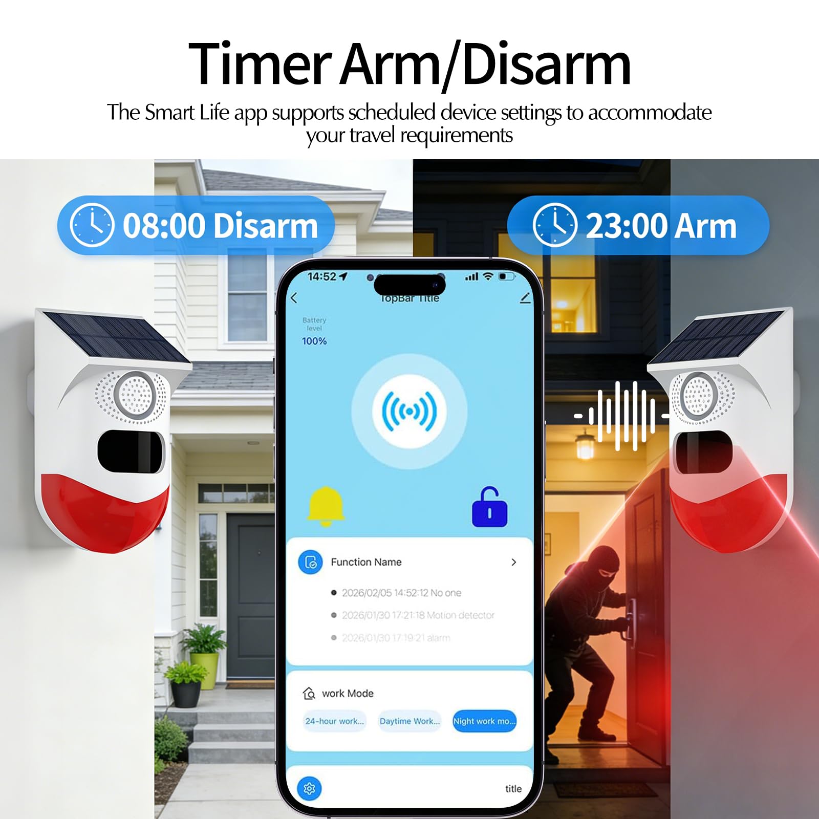 WiFi Sensor de Movimiento, Sensor Solar Adecuado para Interiores y Exteriores, Volumen de 0~120dB, Control Remoto, Programación Temporal, con Mando a Distancia, 3 Modos Ángulo Detección 110º