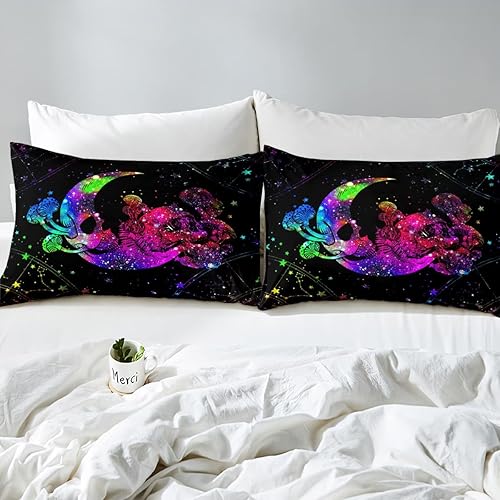 Miniatura 6 de Juego de ropa de cama de calavera gótica, tamaño Queen, juego de edredón de luna y estrellas, juego de ropa de cama y colecciones de teñido anudado