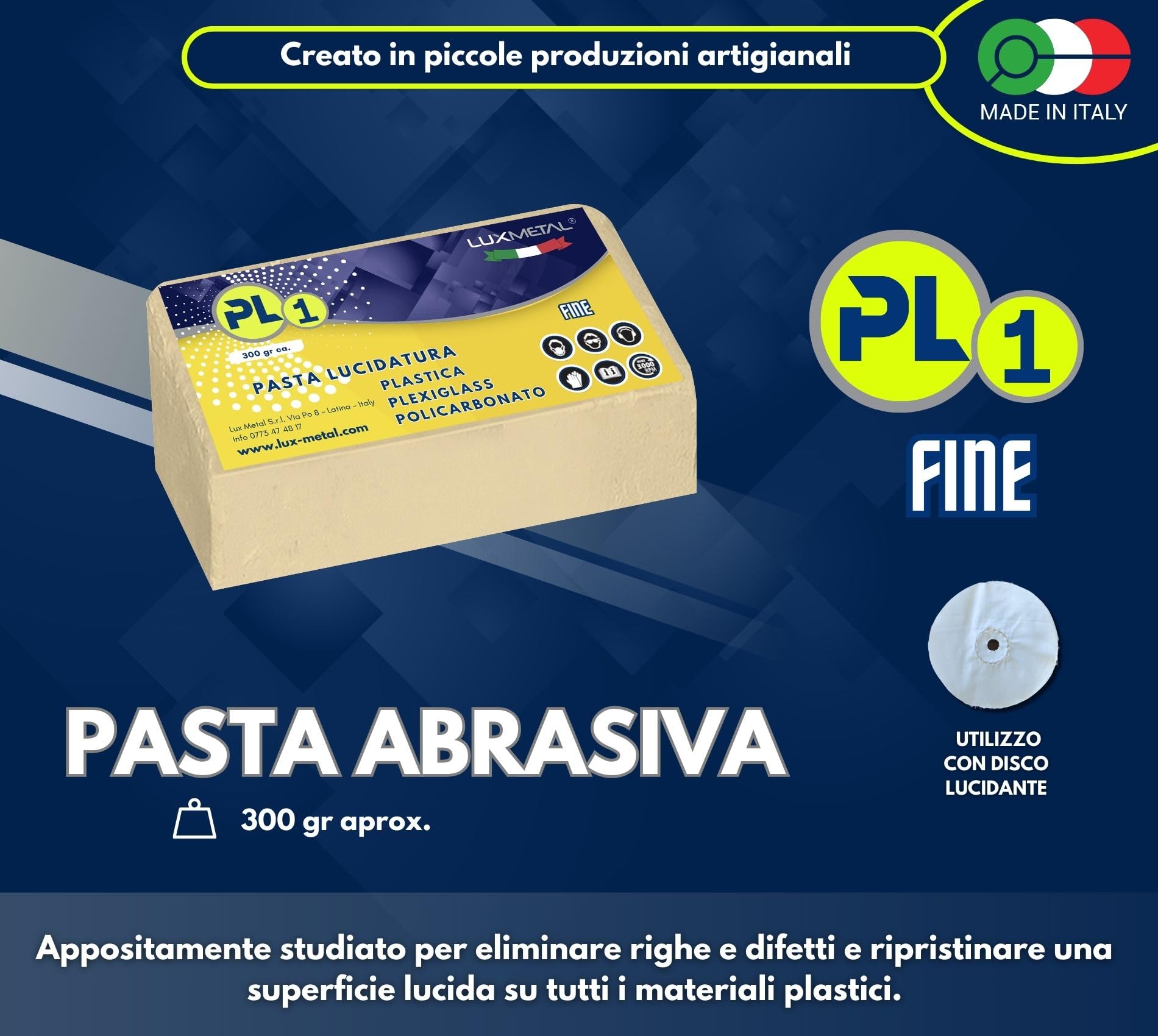 Lux Metal - Pasta Abrasiva PL1 300 gr Fine Lucidare Plexiglass Trasparente Lucidatura Plastica Policarbonato Rimuovi Graffi Plastica pasta abrasiva lucidante plexiglass Rinnova Fari Auto