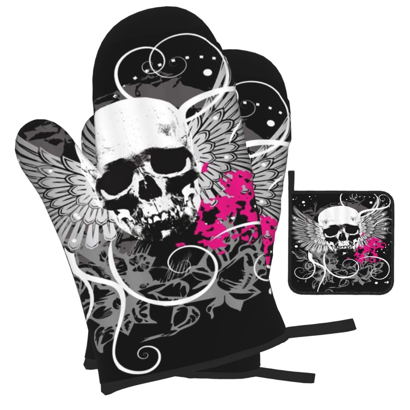 Sugar Skull and Wings Printed Oven Mitts and Pot Holders Heat Resistant Set of 3 Pcs, Modern Kitchen Gloves & Potholders for Cooking Baking Grilling