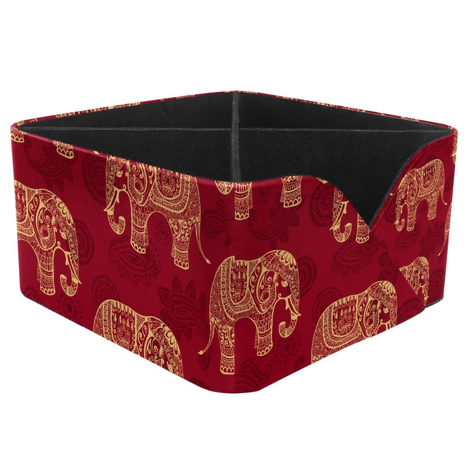 KengjuTesu Indian Style Elephants Seamless Texture Pattern Desktop Organizer Pen Holder, Rectangular Pencil Cup for Office, Study and Makeup Stations