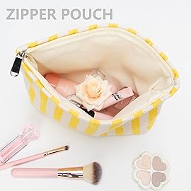PAZIMIIK Makeup Bag Large Cotton Zipper Pouch for Purse Travel Canvas Make Up Organizer for Women Cosmetic,Stripe Yellow