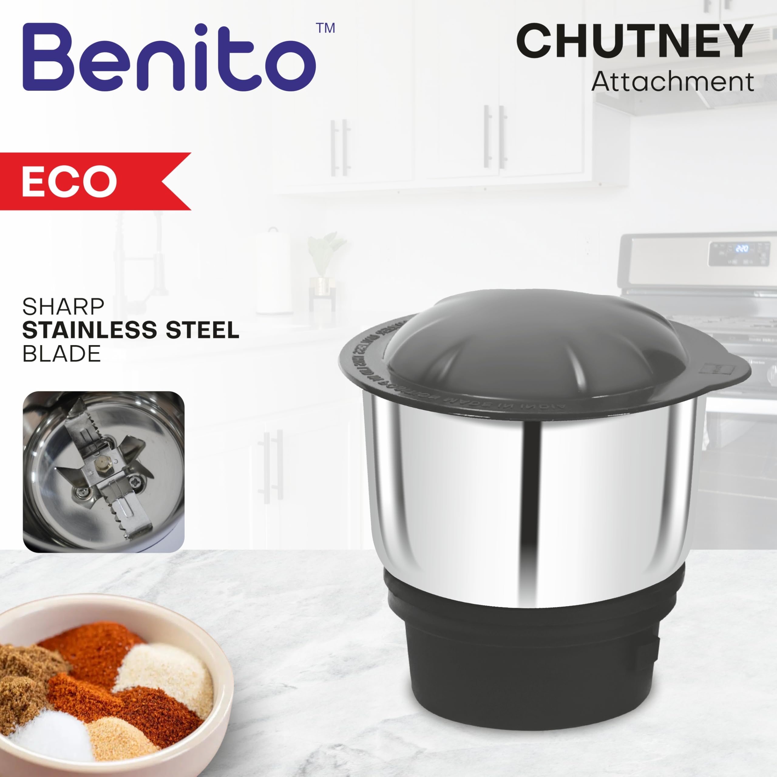 Benito ECO Stainless Steel Chutney Jar(400ml) for Mixer Grinder – Compatible with 4-Teeth Coupler & Dual Locking System — Amazon image 4