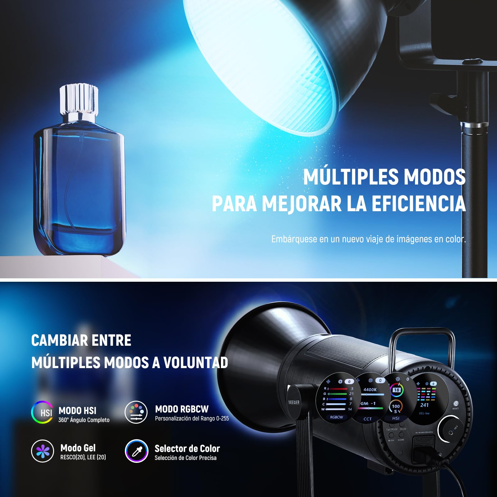 NEEWER CB 300C Luz Vídeo LED 300W con Reflector, Montaje Bowens, 155000Lux/1m 5600K COB Iluminación Continua CRI97+/TLCI97+ Foco Estudio Regulable, App/2,4G/Control Integrado para Grabación Películas