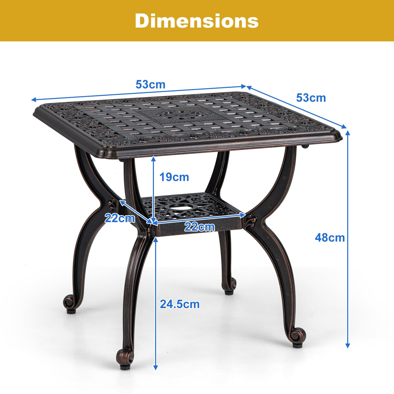 GIANTEX Mesa de Jardín de Aluminio Fundido, 53 x 53 x 48 cm, Mesa Auxiliar Cuadrada para Balcón con Estante y Almohadillas Ajustables para Pies, Mesa de Café para Jardín, Patio, Terraza