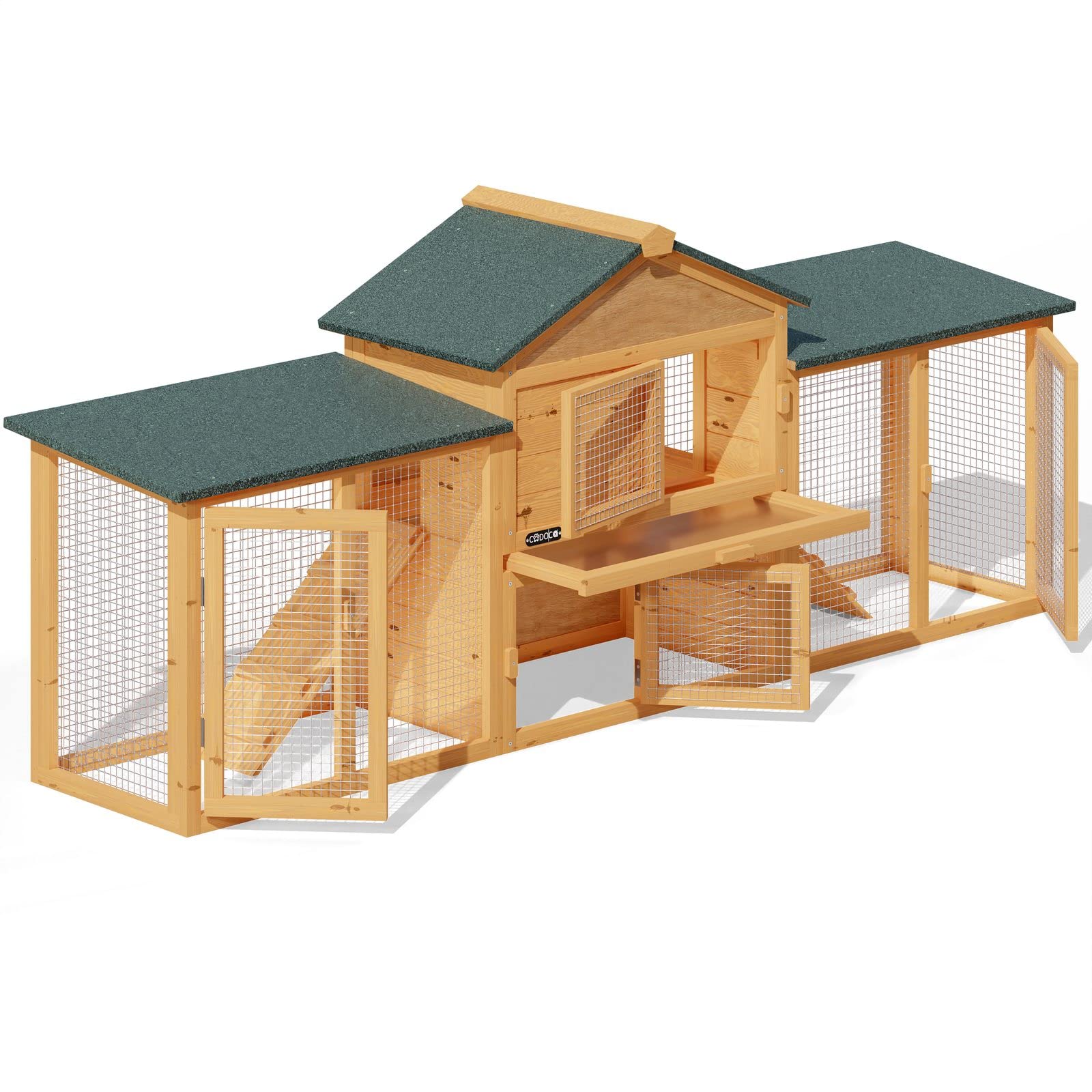 CADOCA® Conejera de Madera, 2 Pisos, 204x45x84cm, Casa Conejos Mascotas Pequeñas, Bandeja Extraíble, 2 Rampas, Techo Asfalto, Gallinero, Fácil Limpieza