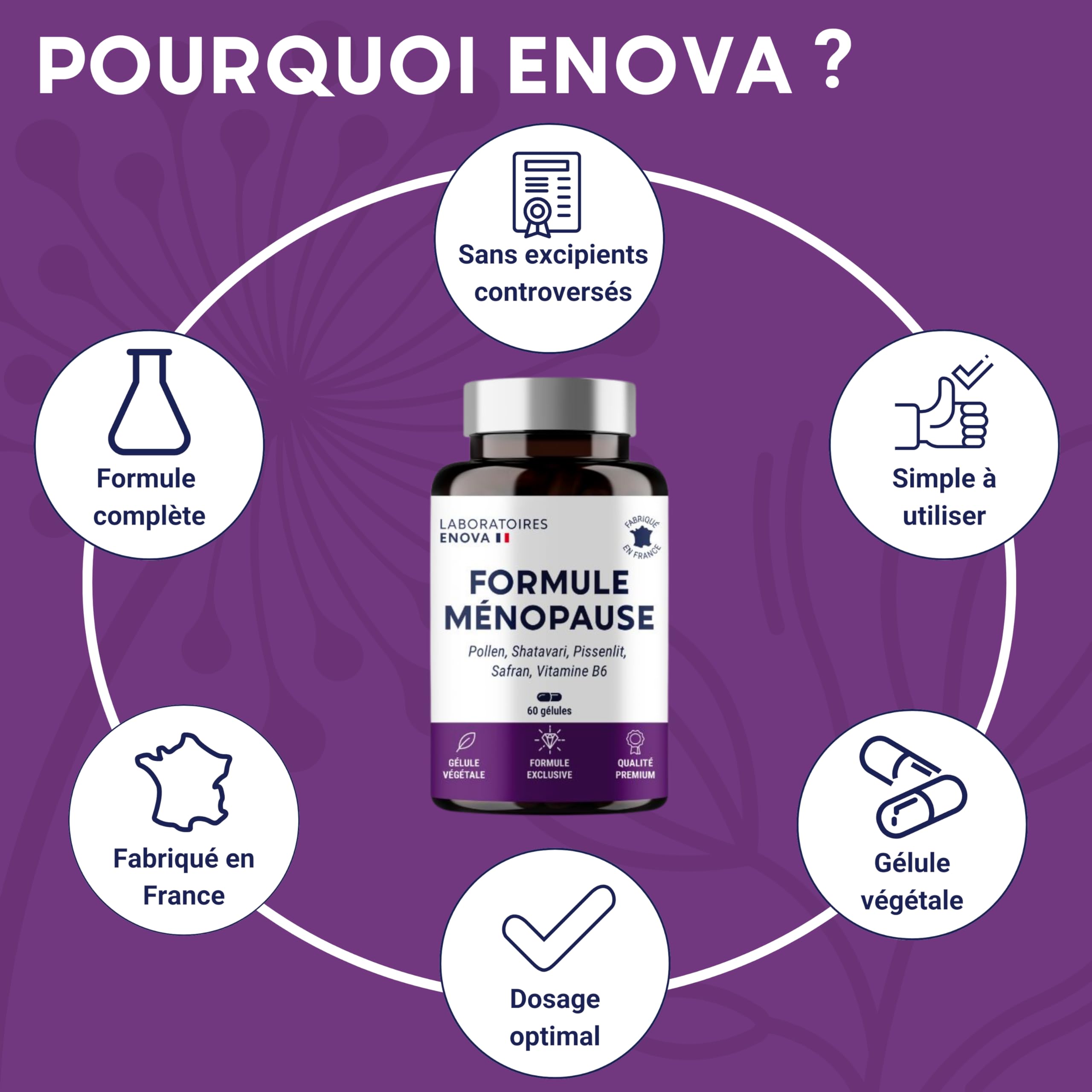 FORMULE MÉNOPAUSE | Bouffées de Chaleur, Fatigue et Équilibre émotionnel | Pollen, Shatavari, Pissenlit, Safran et Vitamine B6 | 60 Gélules | Fabriqué en France