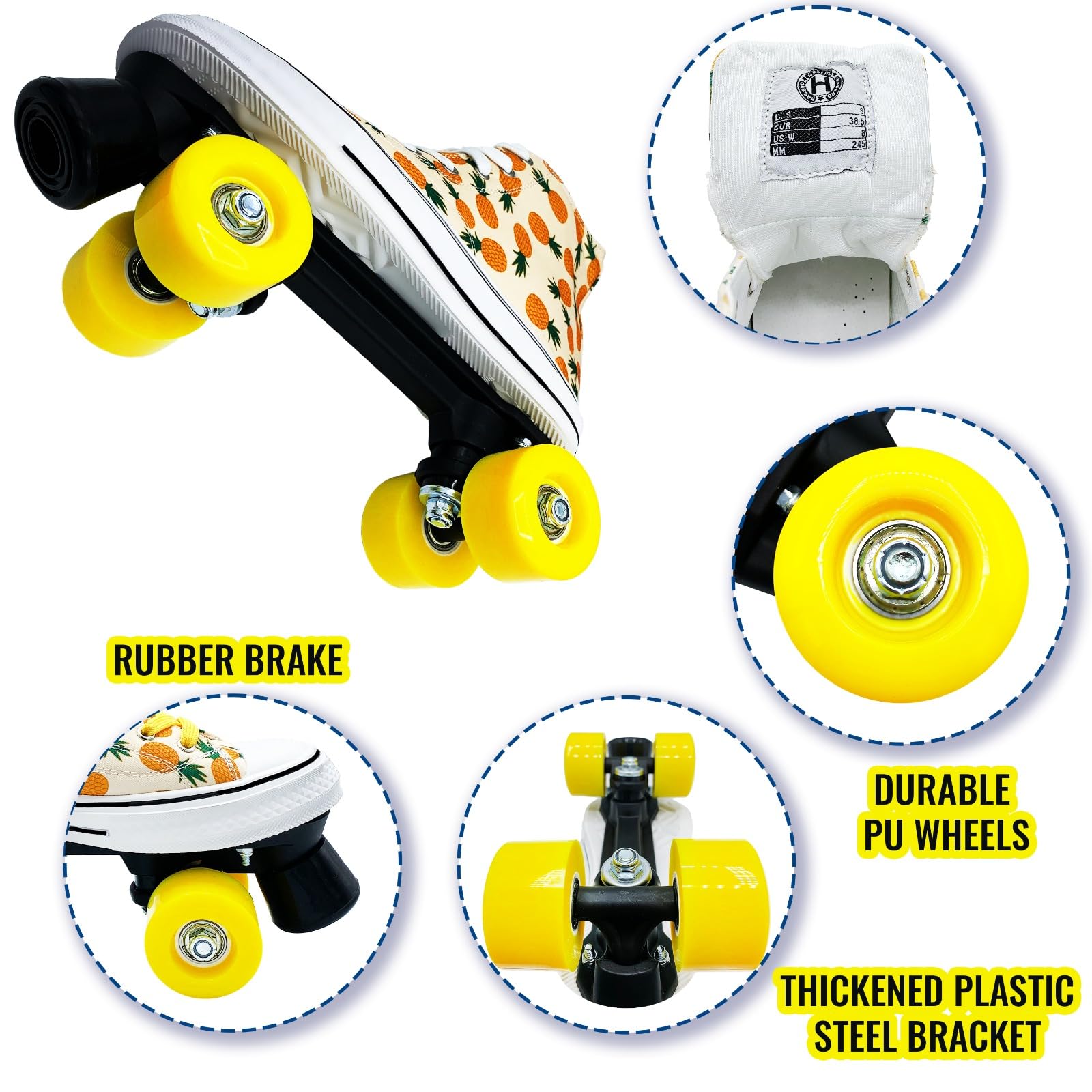 HASERD Women‘s Retro Pineapple Roller Skates-Quad Beginner Skates with Soft Padding?Stable Outdoor/Indoor Wheels+Includes Free Skate Bag&Shoe Laces (Pineapple, 8.5#)