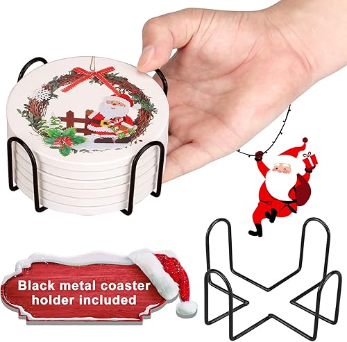 Miniatura 3 de Juego de 6 posavasos de cerámica para Navidad con soporte, ideal para regalo, posavasos redondos de Papá Noel, juego de posavasos de mesa vintage