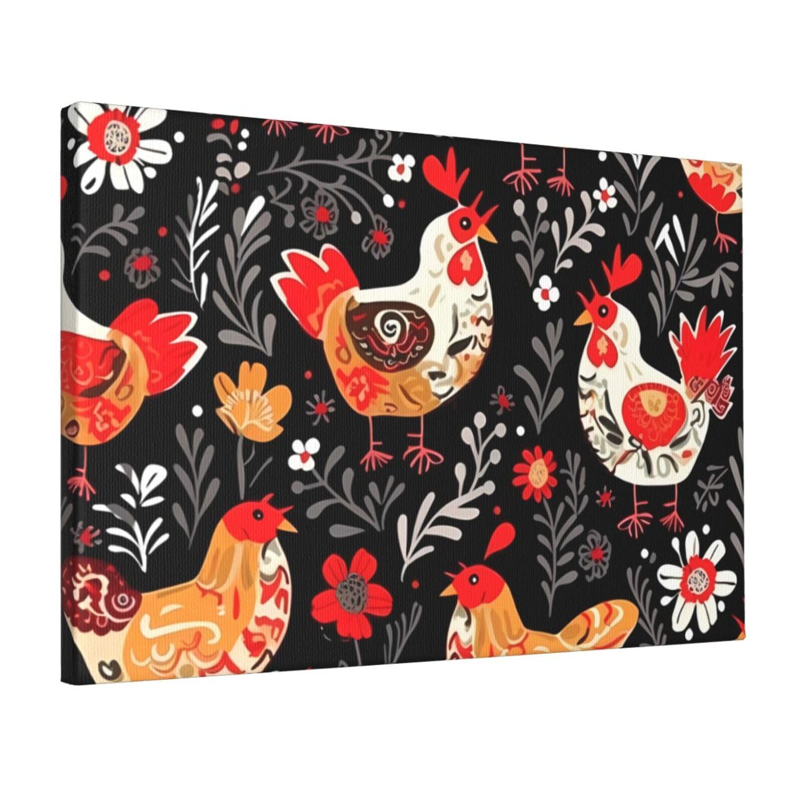 Fodpand Cute Rooster Chickens Unframed Canvas Wall Art,Modern Posters Print Wall Decor Canvas Oil Painting For Bedroom Living Room Bathroom Wall Hanging Artwork Ready To Hang 12"X18"