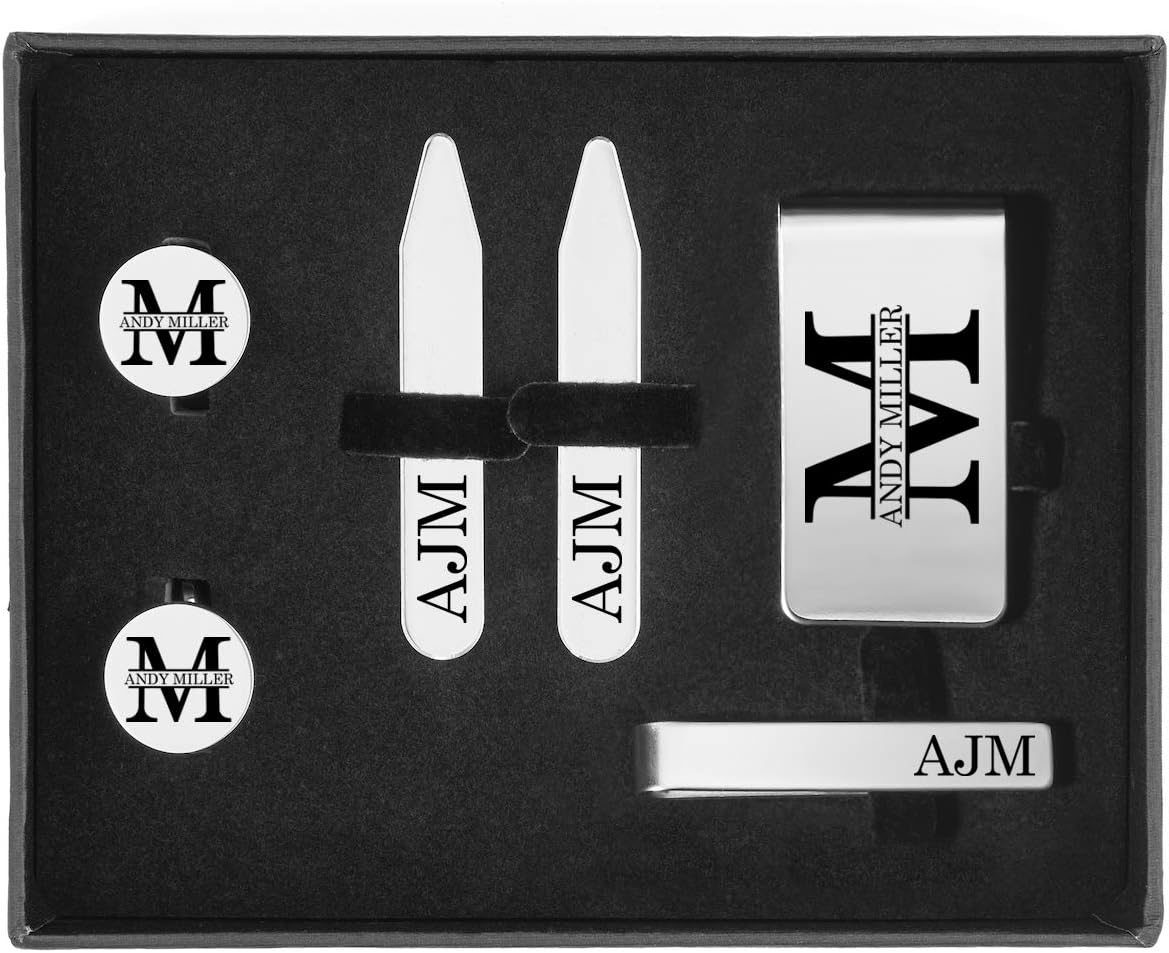 Engraved Money Clip, Tie Bar Clip, Round Cuff Links, & Collar Stays Set Block Initial Custom Personalized
