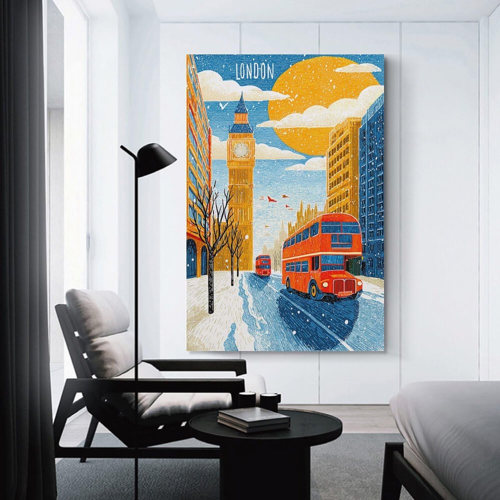 Junmoney Unframe-Style-20 London Winter Scene With Red Buses Canvas Wall Decor, 24X36inch(60X90cm), For Wall Displays, Bedrooms Or Room Updates, Wall Decor Suited To Curated Displays