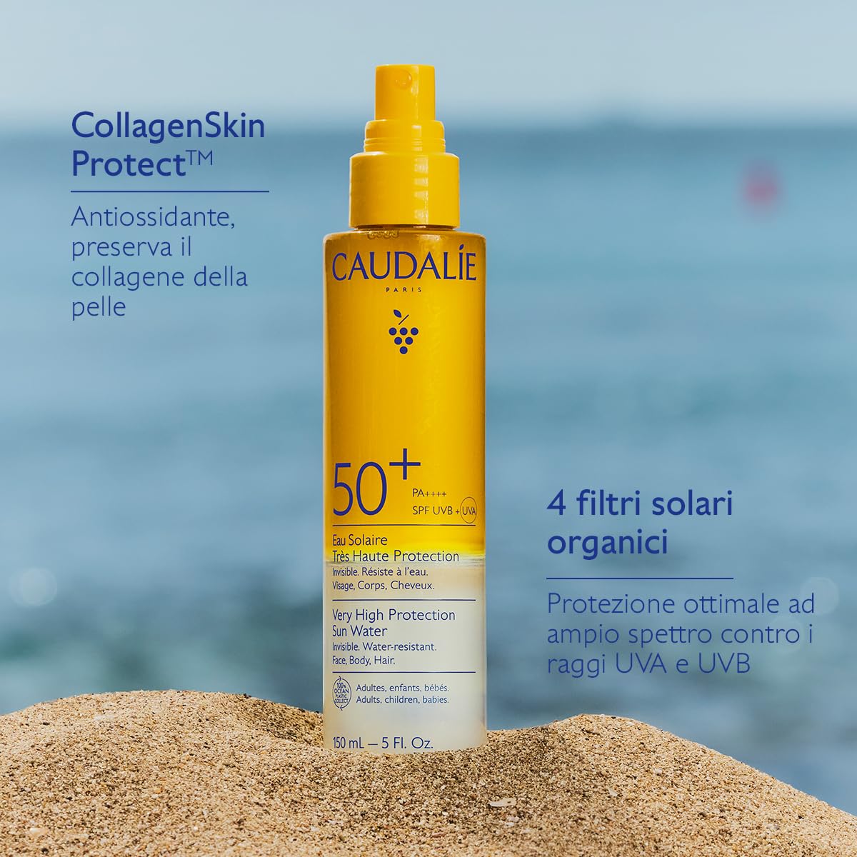 Caudalie Acqua Solare ad Altissima Protezione SPF50+ – CollagenSkinProtect™, Filtri Solari Organici, Viso Corpo e Capelli, Resistente all'Acqua, Vegano, PA++++, 150 mL
