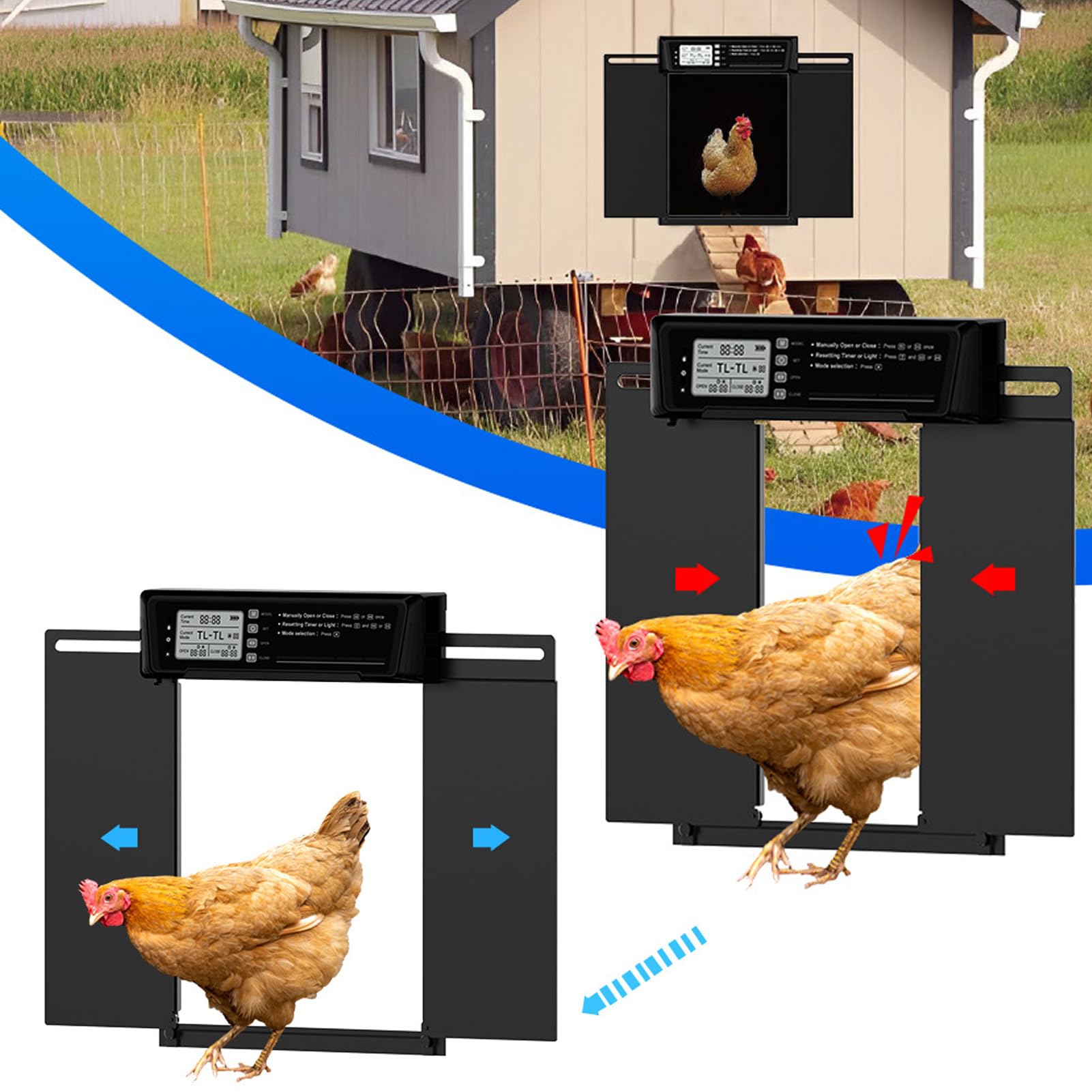 Puerta Automática para Gallinero, Aluminio con Energía Solar con Sensor de Luz, Temporizador, Control Remoto, Mecanismo Antipellizco, Alarma de Anomalía para la Seguridad de