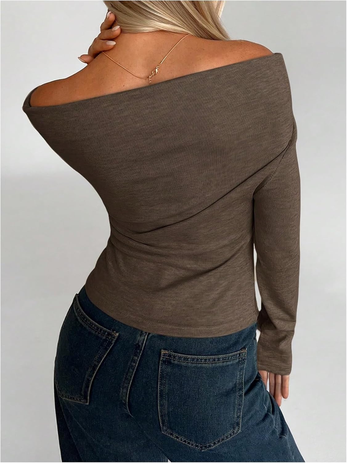 SOLY HUX Women's Off The Shoulder T Shirt Long Sleeve Ruched Fitted Tee Fall Going Out Tops - Image 2