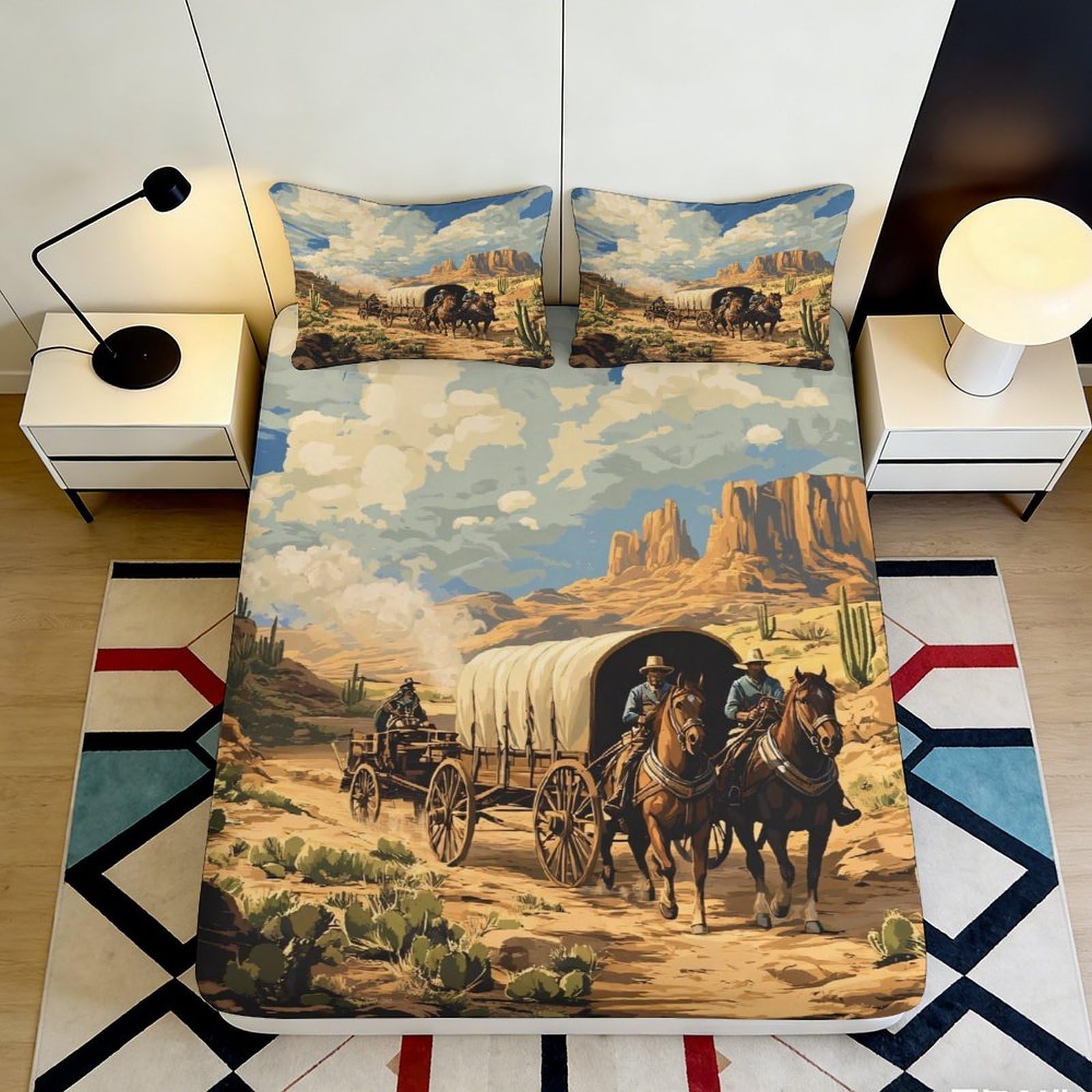 3D Printed Western Desert Fitted Sheet Microfiber Soft Breathable Cowboy Horse Bed Cover for Bedroom Dormitory Guest Room Mattress Protection Decor 120x200x25cm