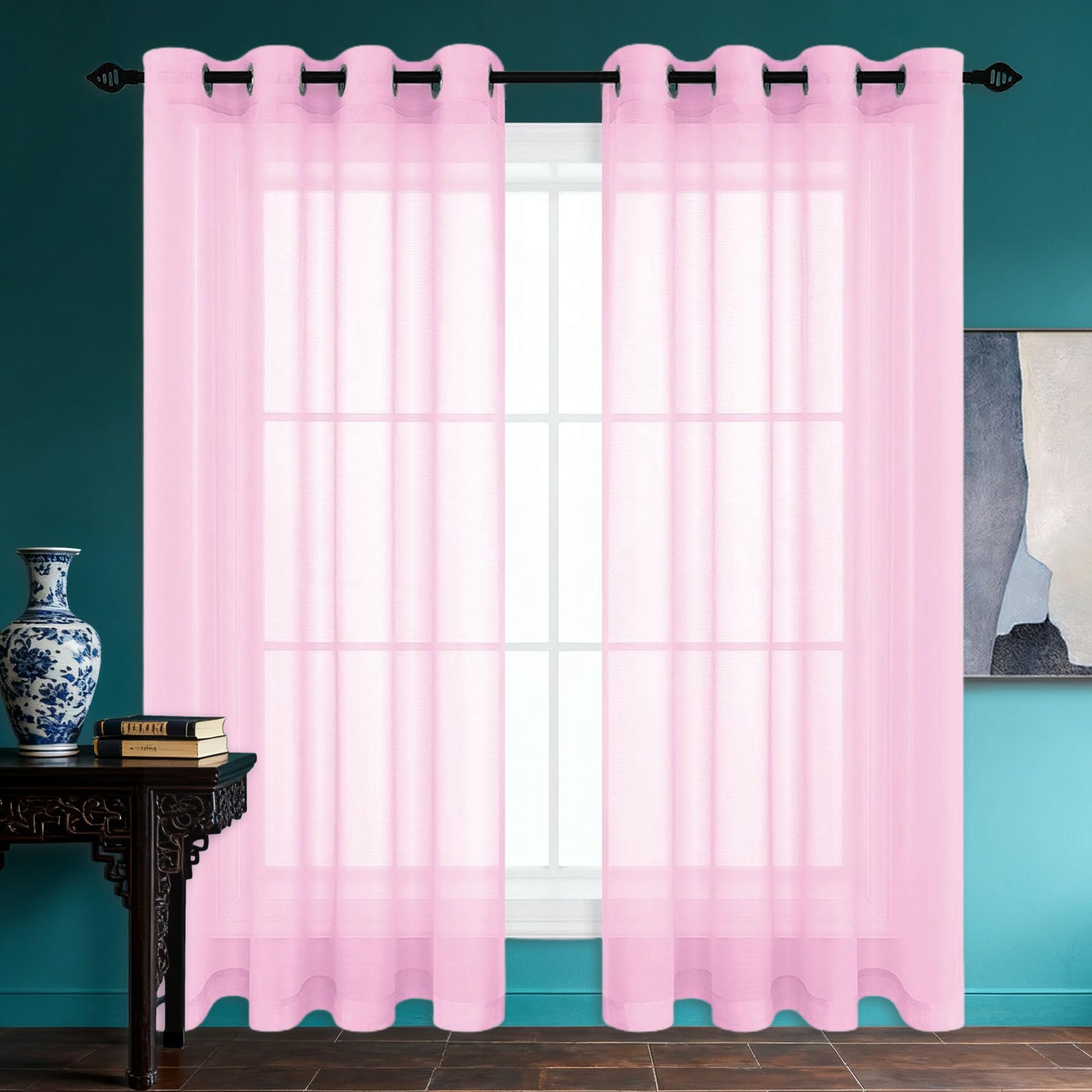 Rideau voilage transparent rose pour fenêtres de chambre et salon