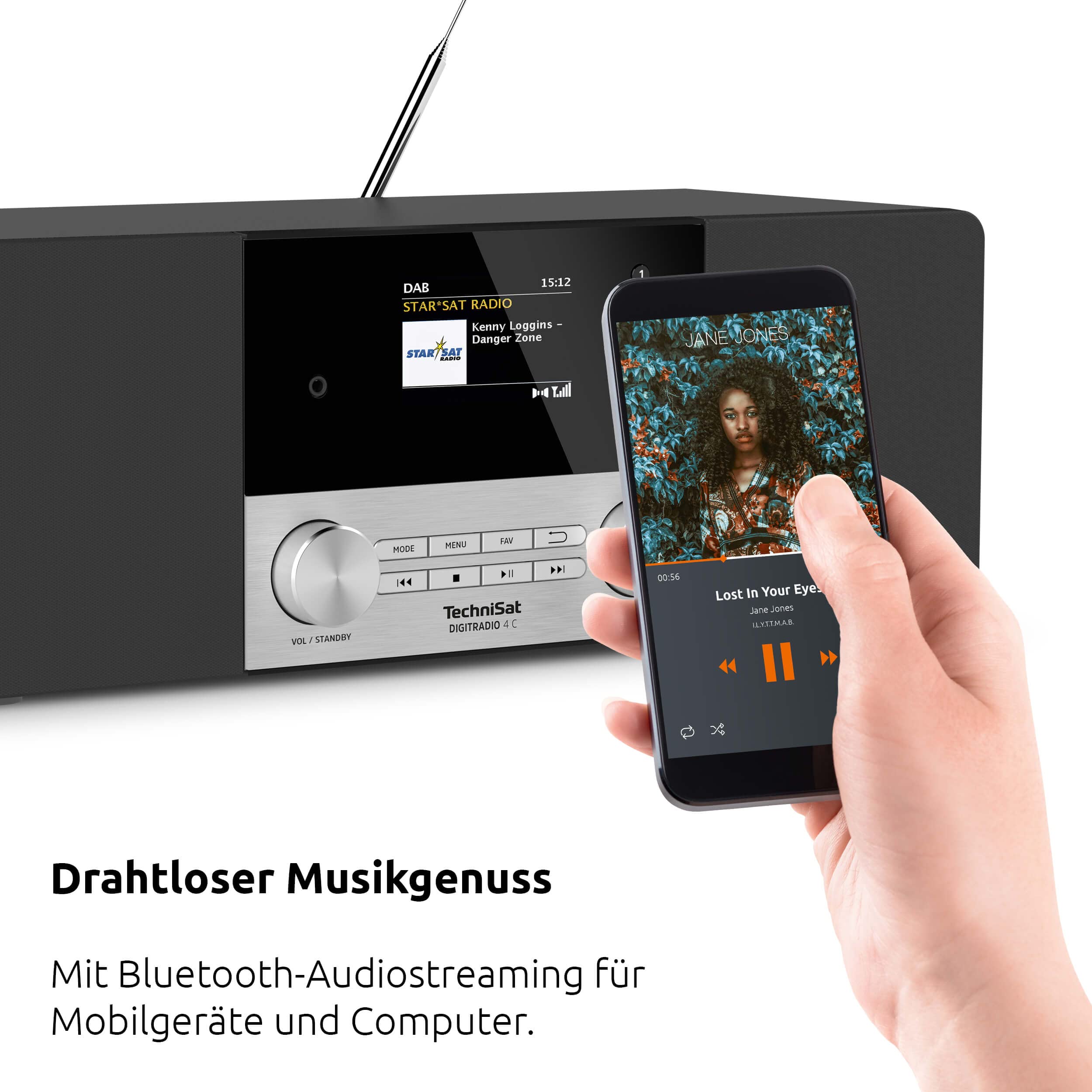 TechniSat DIGITRADIO 4 C - Radio numérique stéréo (Dab+, FM, écran Couleur, Streaming Audio Bluetooth, Prise Casque, entrée AUX, Radio-réveil, écran OLED, 20 Watts RMS, Haut-Parleur Elac) Noir