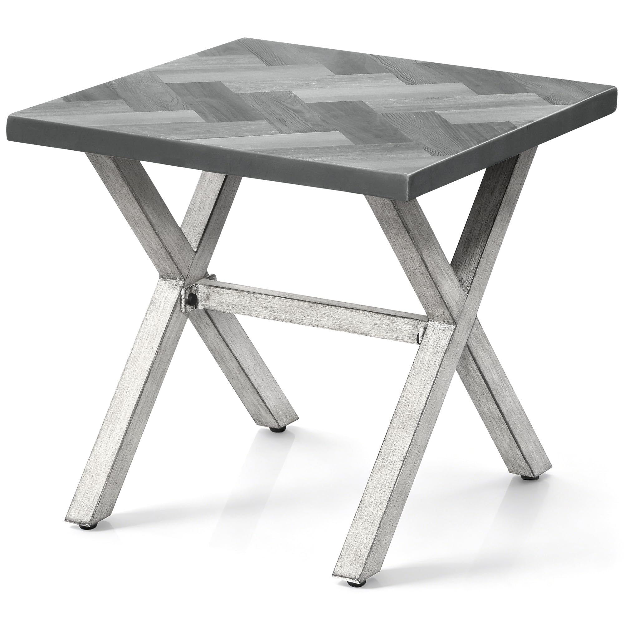 Never-Rust Aluminum Outdoor Side Table, Anti-Rust Outside Patio Side Table with Resin Tabletop, Modern Weather-Resistant Square Patio End Table for Yard, Garden, Poolside, White Oak