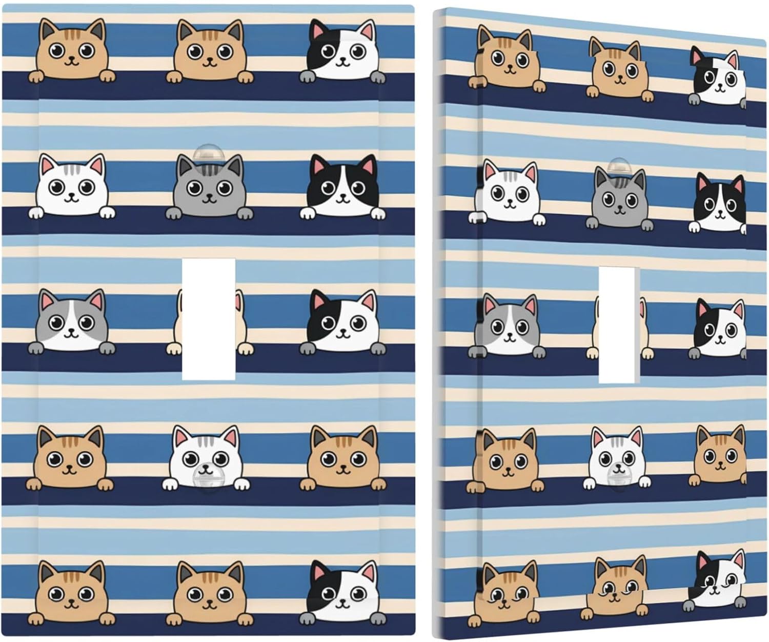 Light Switch Cover Plate Cute Cats Blue Beige Stripes 1 Gang Single Toggle Decorative Switch Plates Wall Plates Electrical Faceplate for Bathroom Bedroom Decor