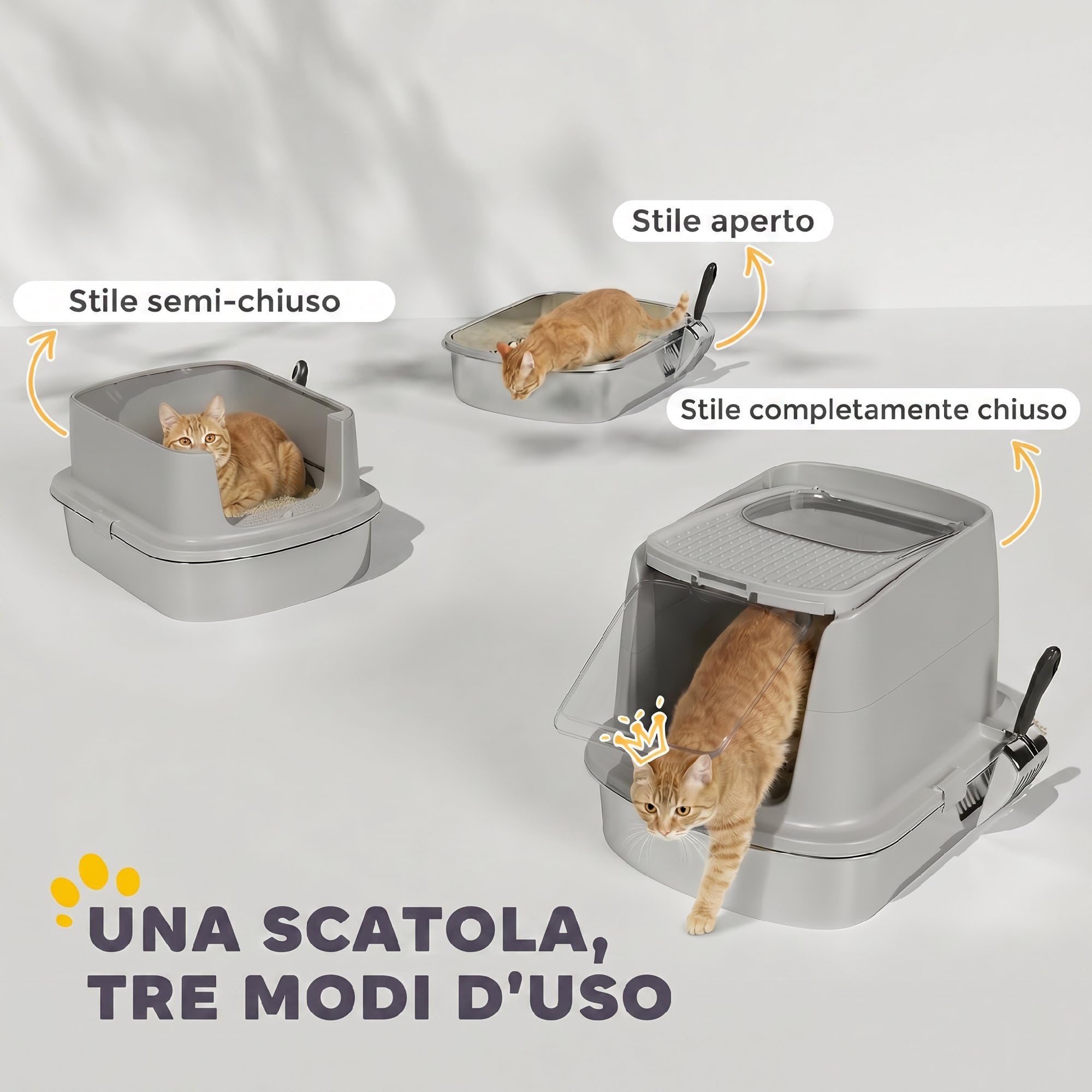PawHut Lettiera per Gatti Chiusa Acciaio Inox con Pareti Alte Grigio Chiaro | Ribaltabile, Toilette per Gatti, Doppia Porta, Paletta, Antiperdita, Antiodore, Facile da Pulire, 52.4x41.3x39.8 cm