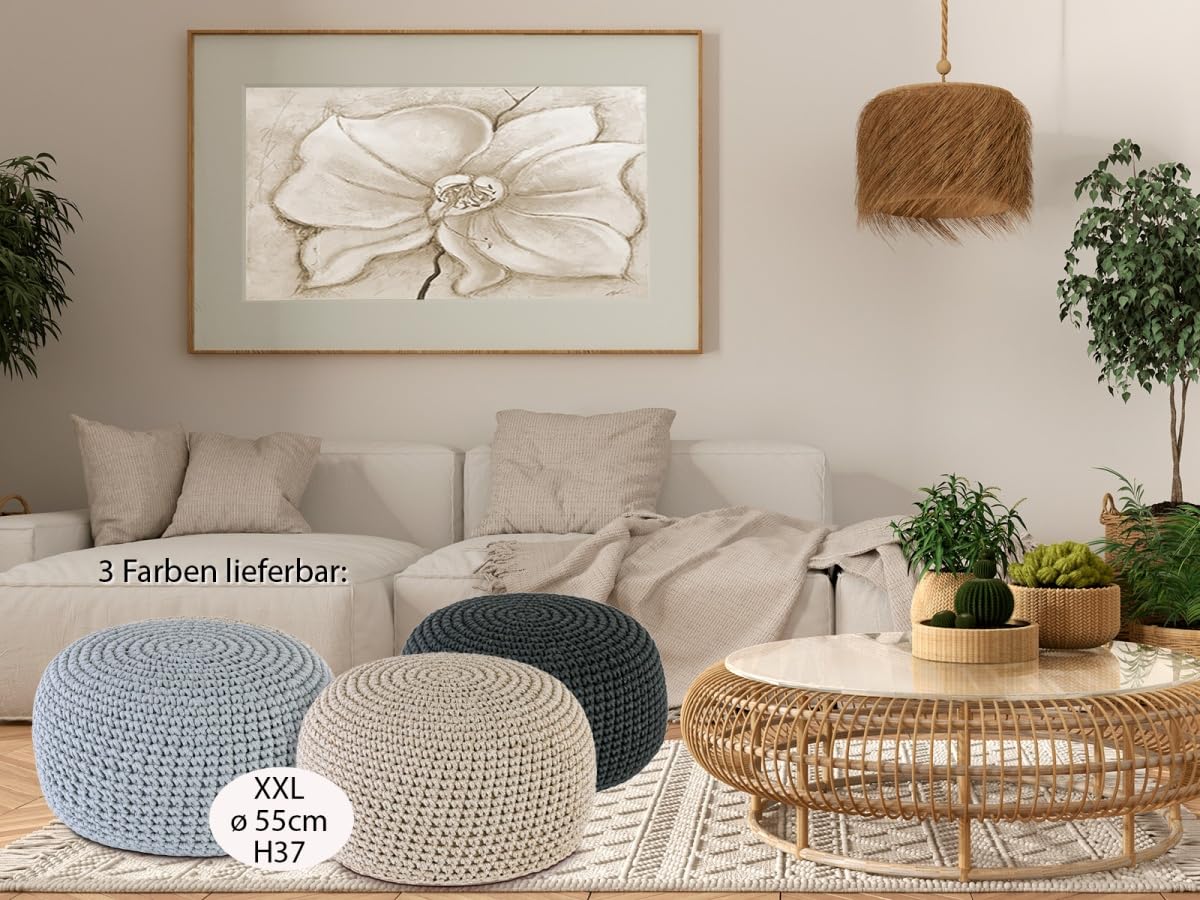 Bodenkissen Pouf Ø55 H37 Mohair Sitzhocker Sitzpouf waschbar nachfüllbar Farbe beige - weiß