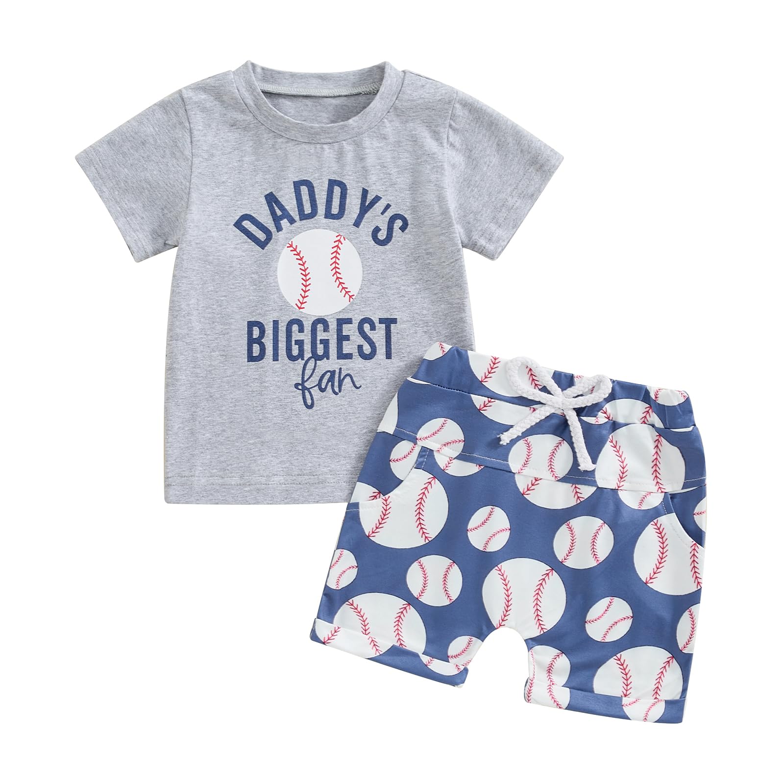 niceclould Toddler Boys Summer 2 Piece Outfit Short Sleeve O Neck Baseball Print Tops and Pocket Shorts Sets Casual Clothes (D-Gray, 18-24 Months)