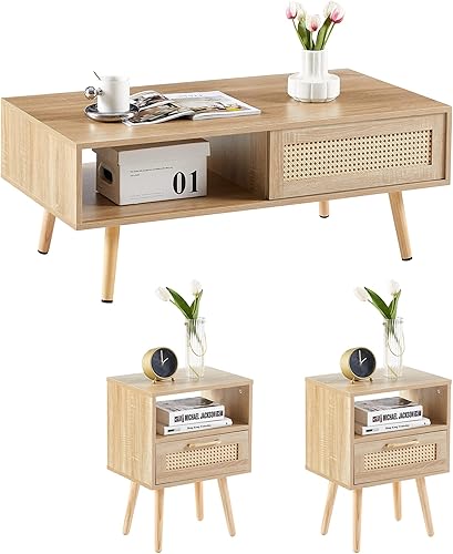 Miniatura 1 de Juego de 3 mesas auxiliares y mesa auxiliar, diseño de ratán natural estilo bohemio, patas de madera maciza, uso para mesa central de sala de estar,