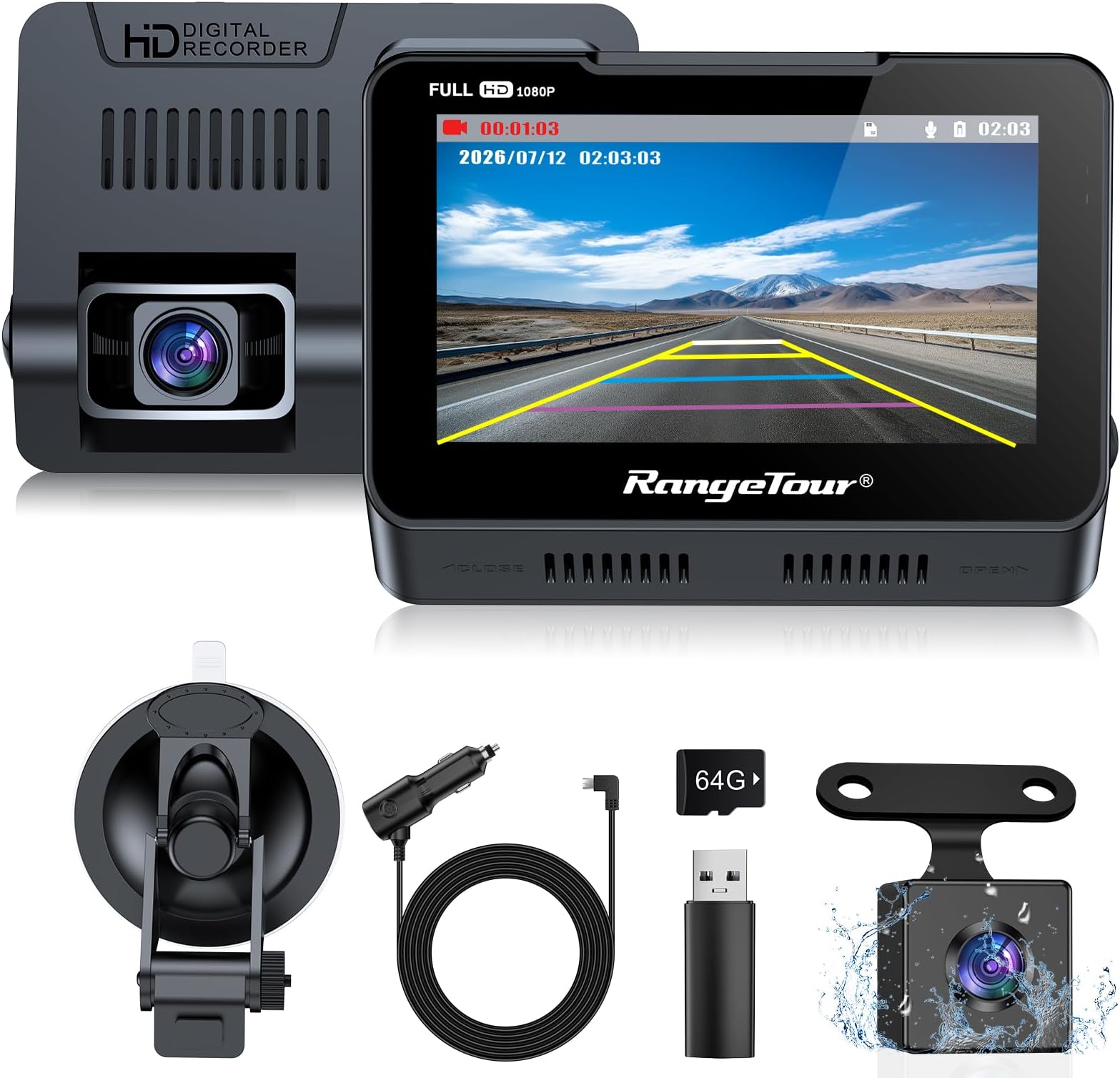 Dash Cam Car Front Rear with 64GB SD Card, 4.3 Inch IPS Screen Car Camera 1080P FHD Car Dash Camera Video Recorder with 170° Wide Angle, Night Vision, G-Sensor, WDR, Parking Monitoring
