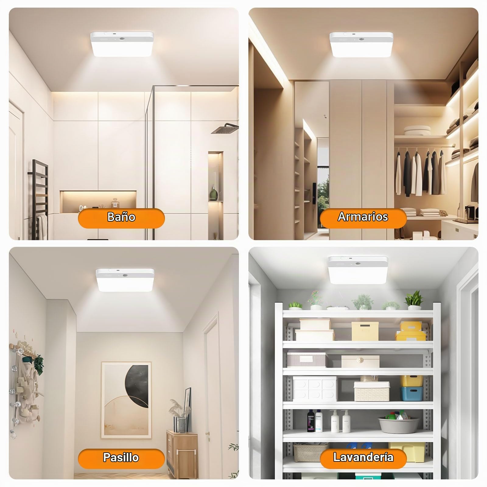 Plafón LED de Techo Recargable con Sensor de Movimiento, Lamparas a Pilas | Iluminación sin Cables con Mando a Distancia, 6000 mAh, 3000K/4000K/6000K, Lámpara Baño, Pasillo y Dormitorio