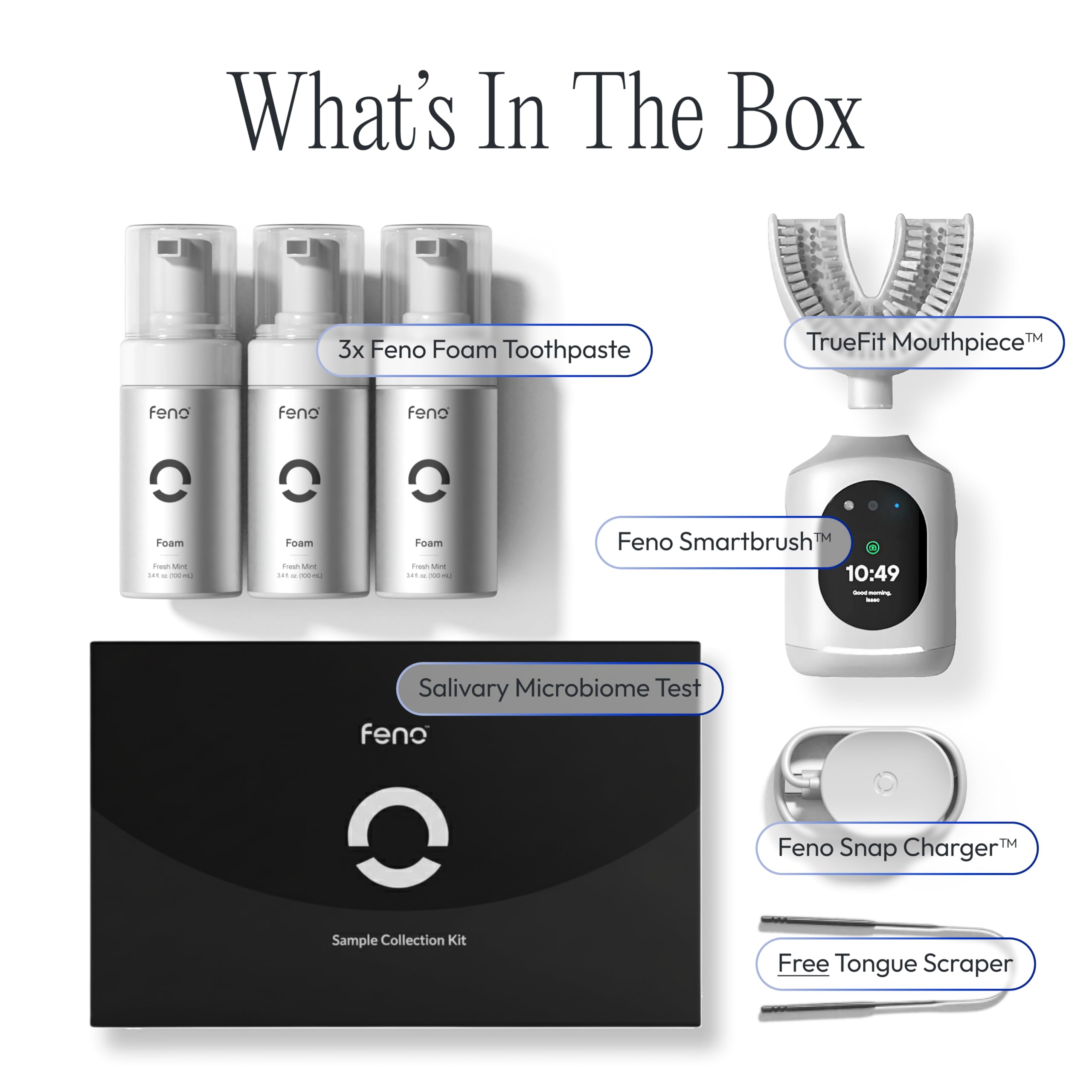 Feno Smartbrush Elite Oral Health - Spazzolino elettrico alimentato dall'intelligenza artificiale con bocchino personalizzato, dentifricio in schiuma (3 tubi), raschietto per lingua, test del