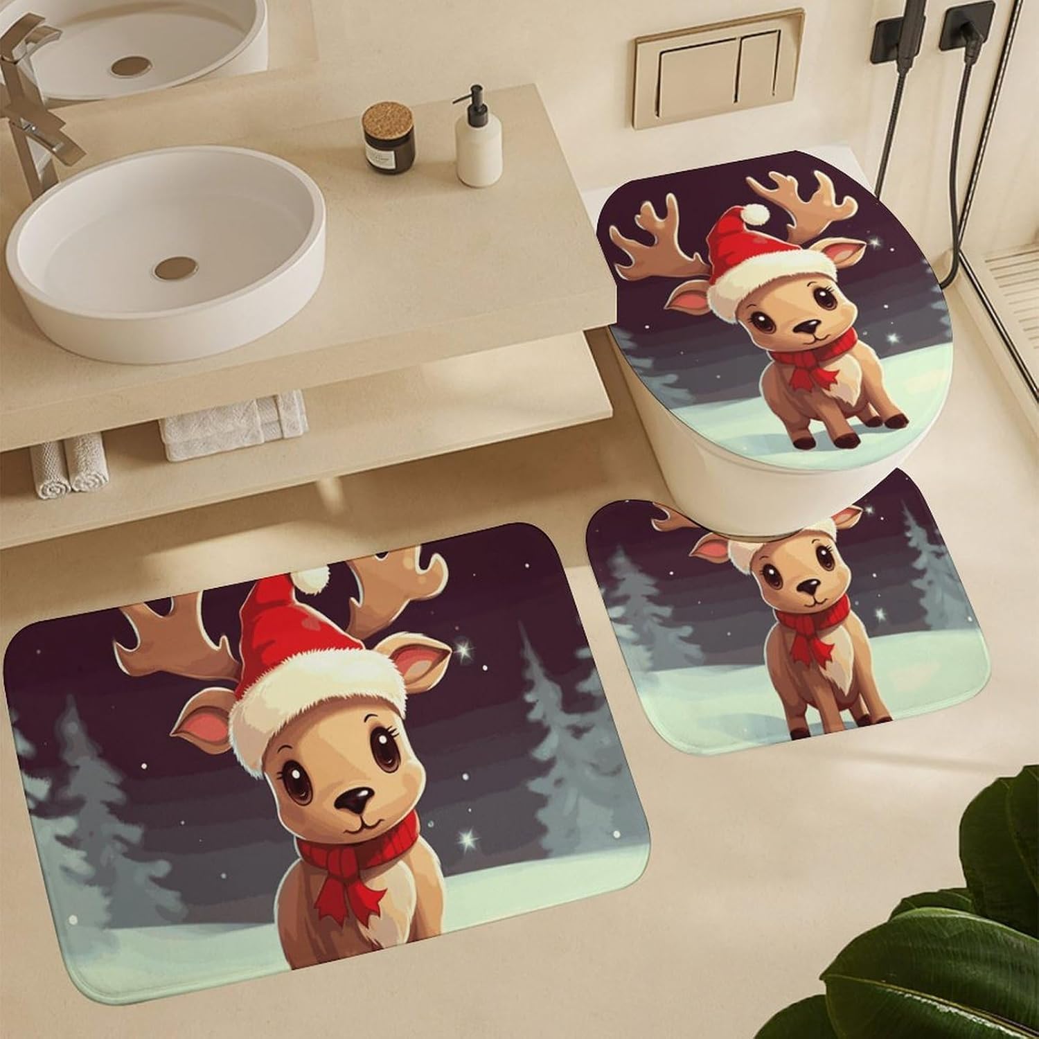 Cute Christmas Reindeer Shower Curtain Set 4 Piece, Non-Slip Bath Mat with Toilet Lid Cover and Waterproof Shower Curtain with 12 Hooks, Complete Bathroom Set for Home Decor
