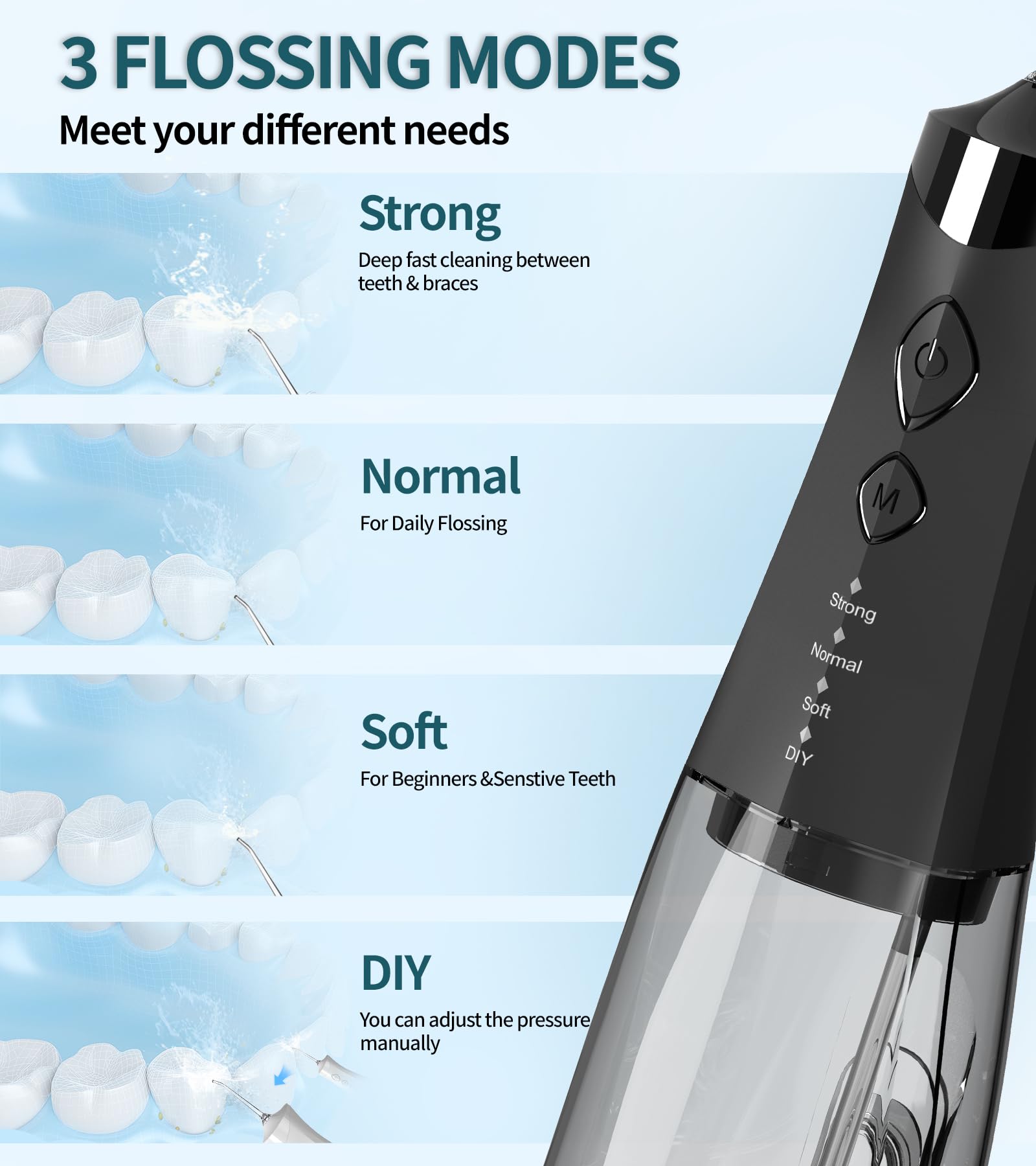 Irrigador dental de agua inalámbrico para dientes, 350 ml, 4 modos, irrigador oral portátil con 4 puntas de chorro, irrigador bucal recargable, IPX7, impermeable para viajes en casa